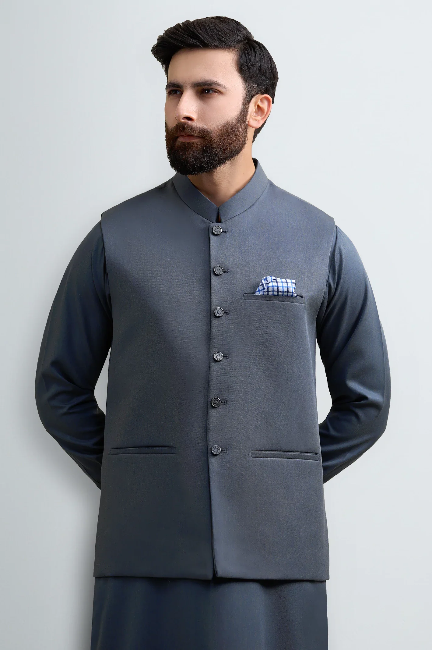 Blue Shalwar Kameez with Waistcoat - Image 2
