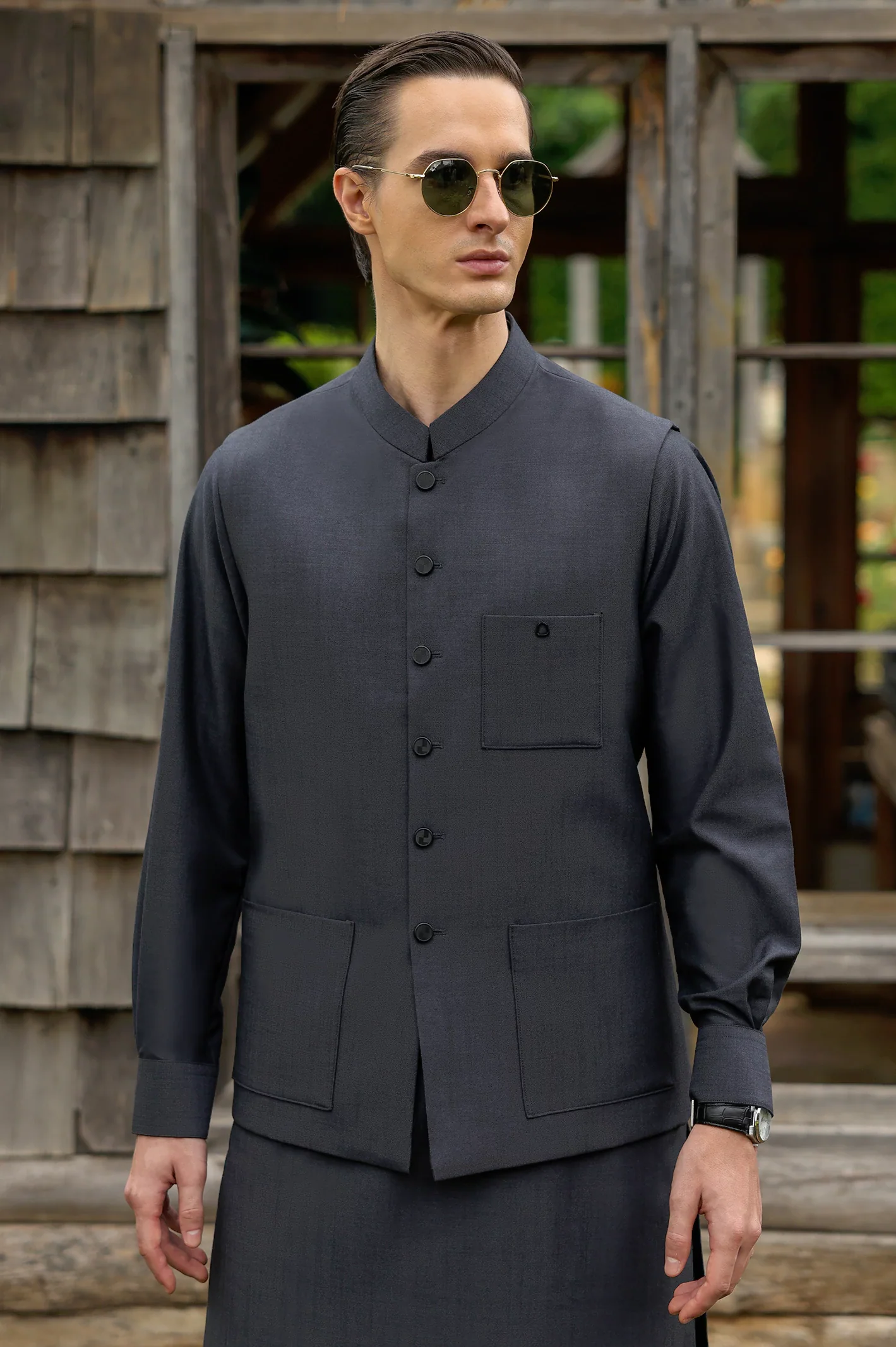 Dark Grey Shalwar Kameez with Waistcoat - Image 2