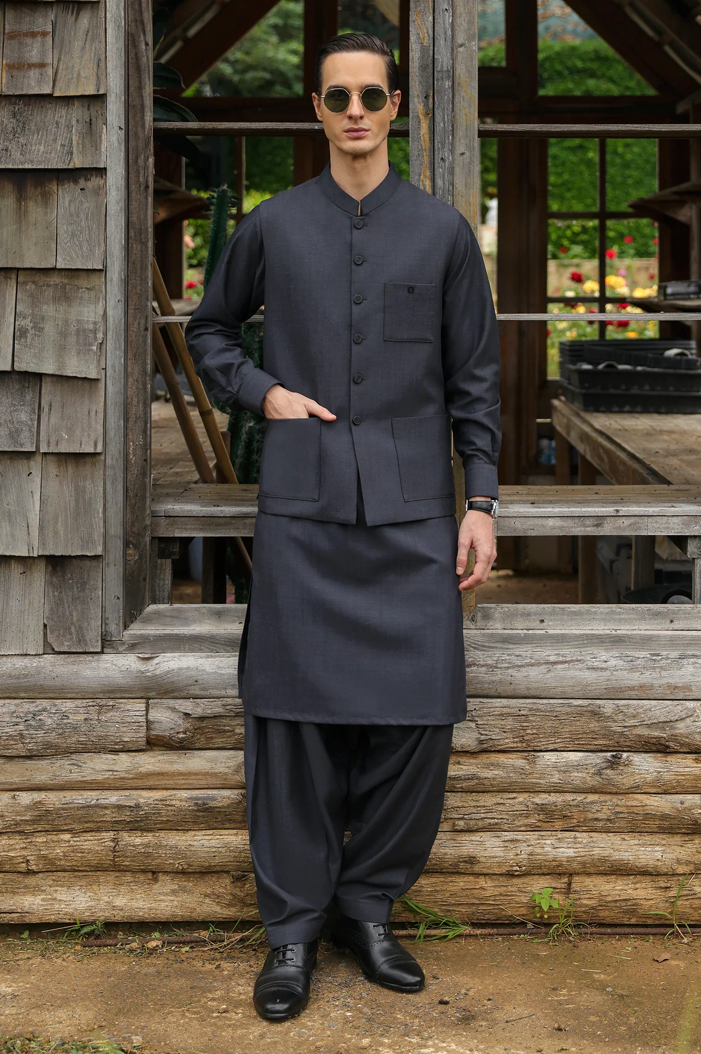 Dark Grey Shalwar Kameez with Waistcoat - Image 3