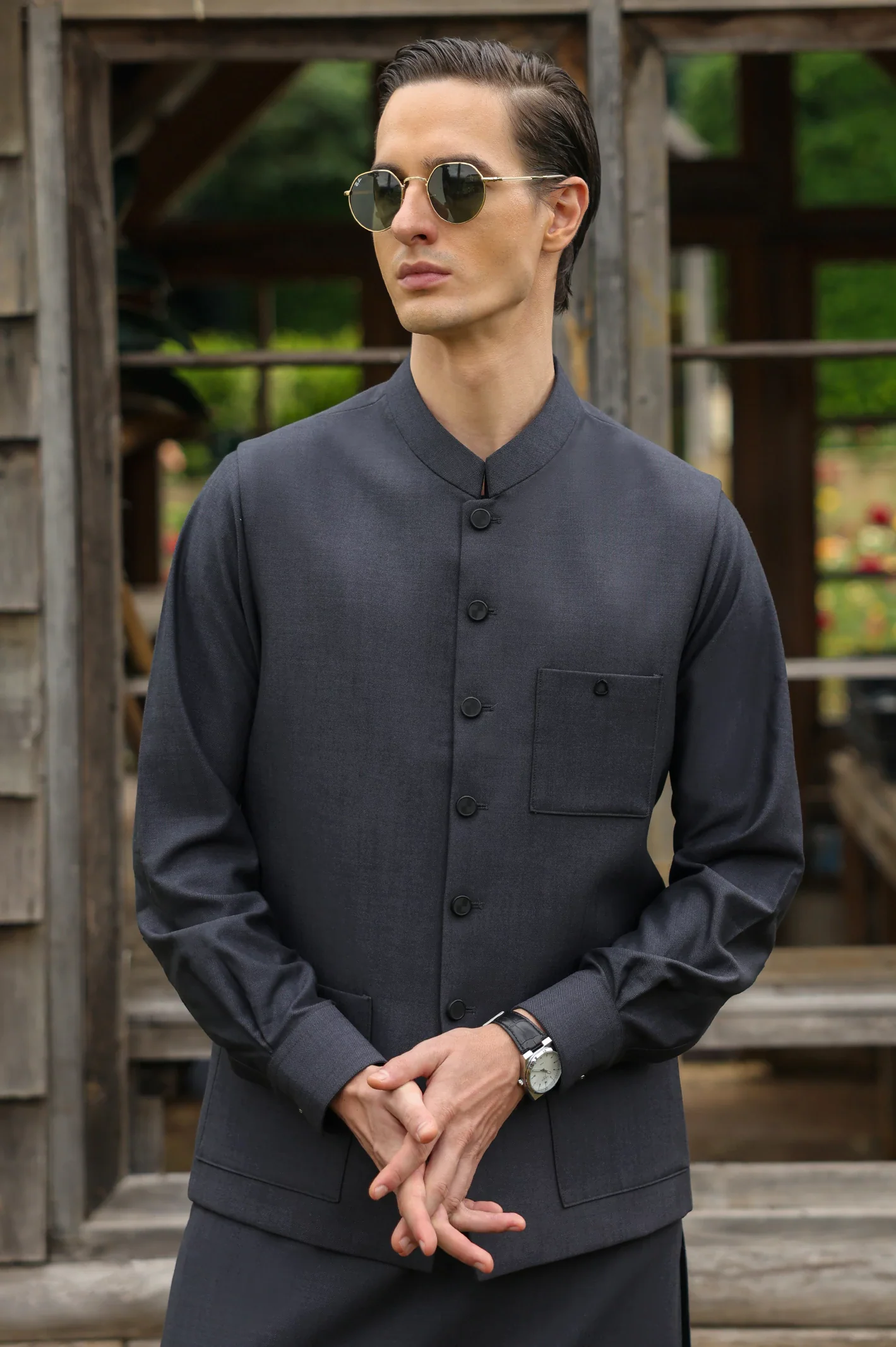 Dark Grey Shalwar Kameez with Waistcoat - Image 4