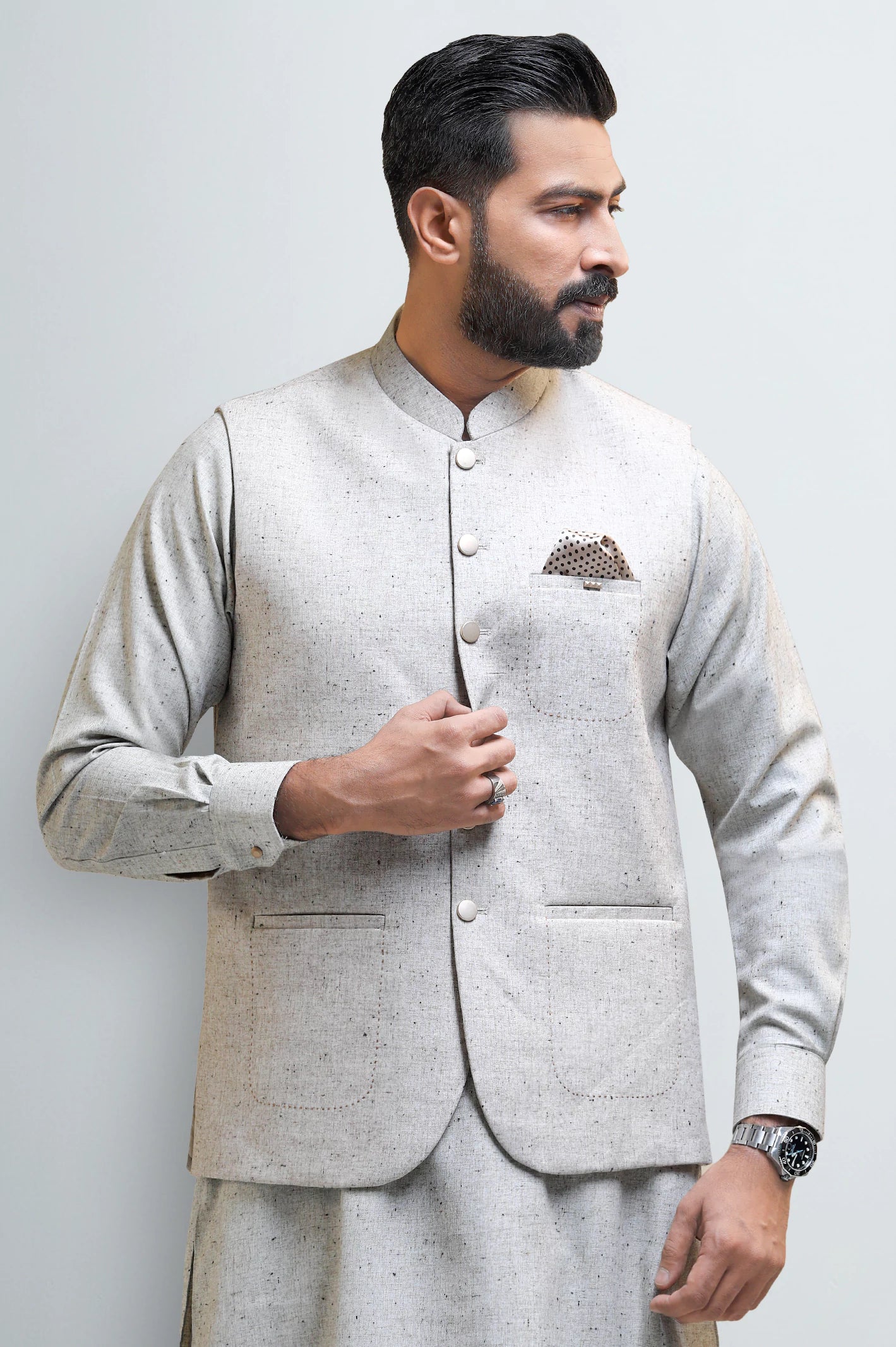 Beige Shalwar Kameez with Waistcoat - Image 2