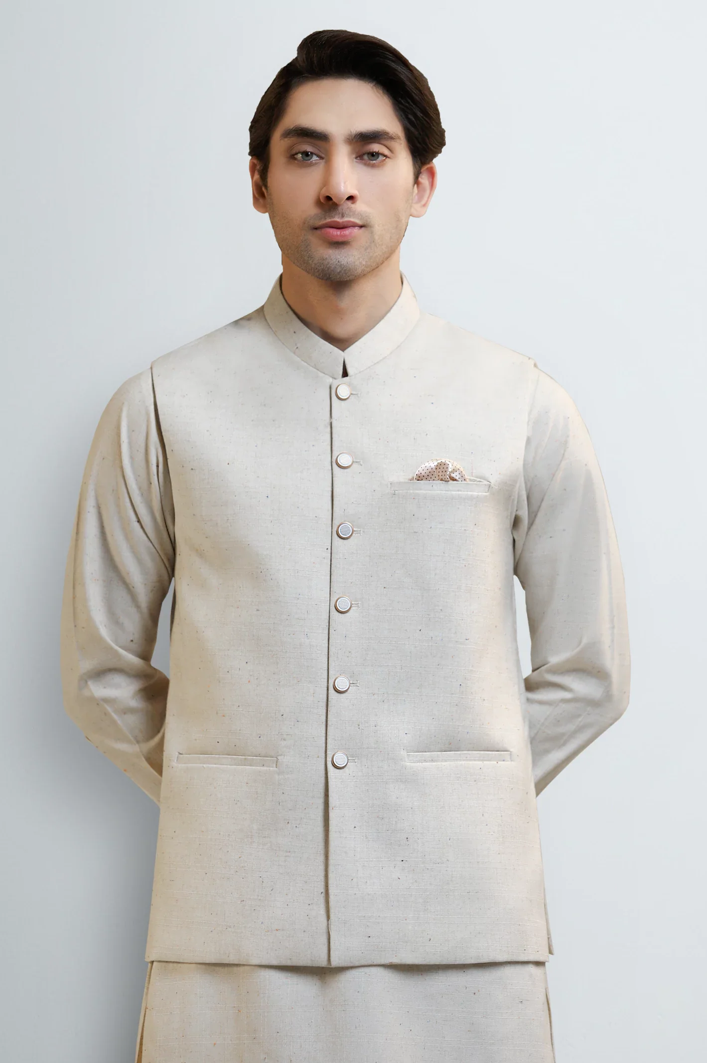 Sand Shalwar Kameez with Waistcoat - Image 2