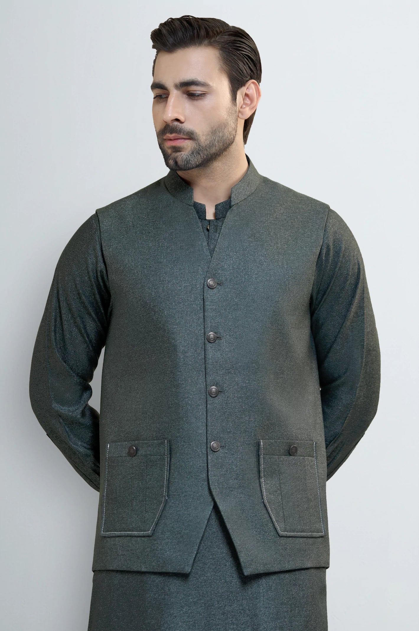 Green Shalwar Kameez with Waistcoat - Image 2