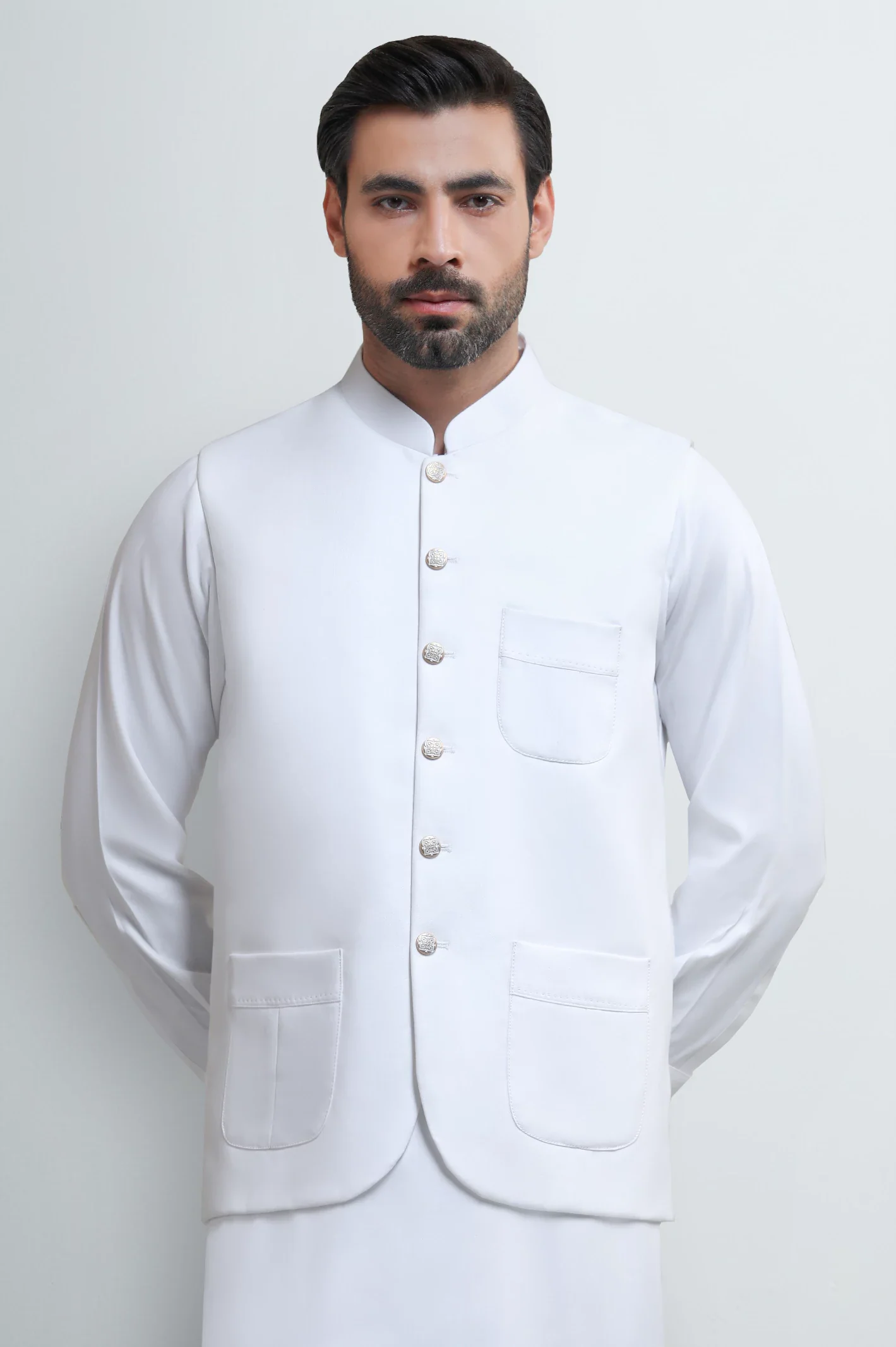 Off White Shalwar Kameez with Waistcoat - Image 2