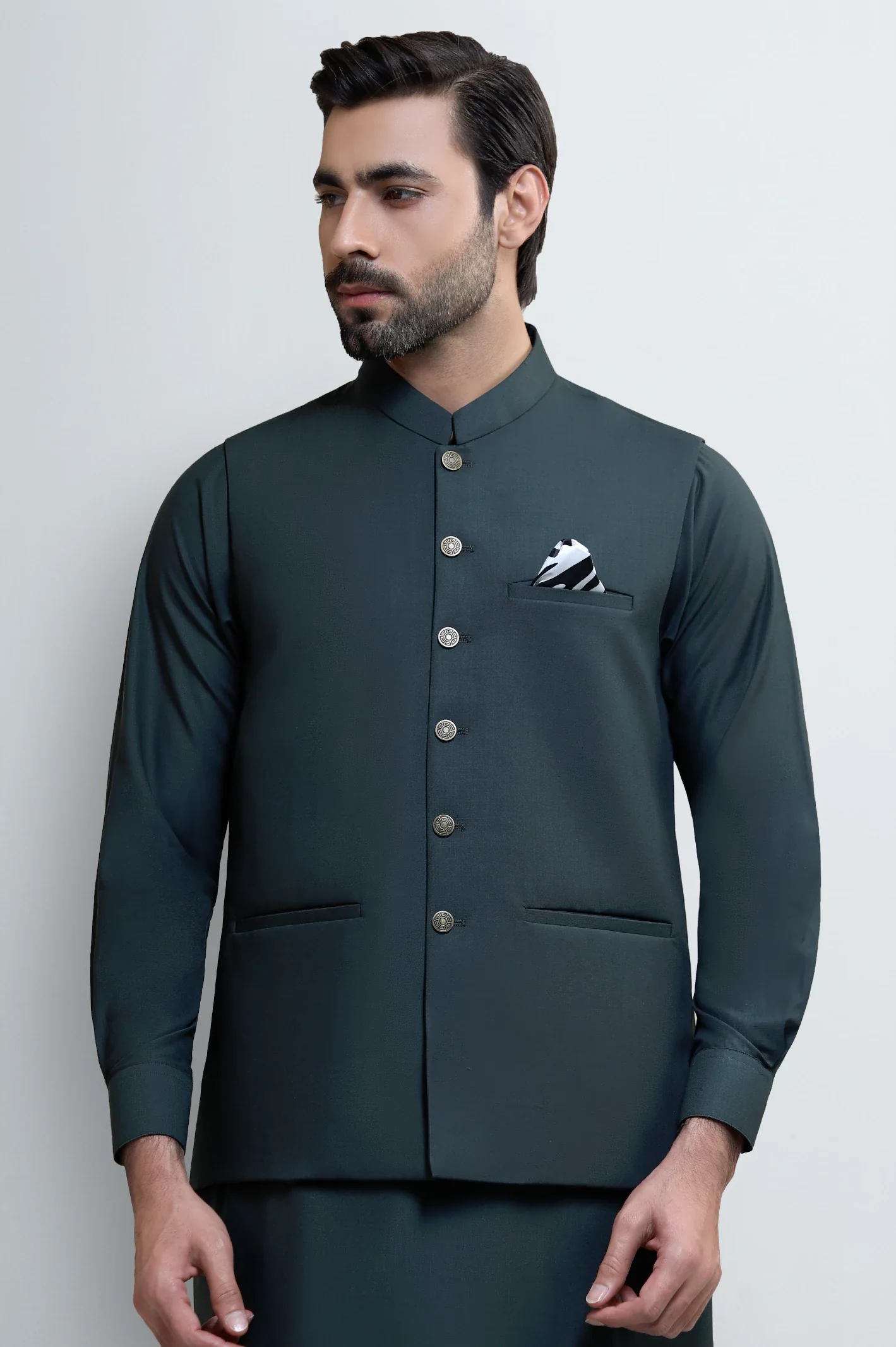 Dark Green Shalwar Kameez with Waistcoat - Image 2