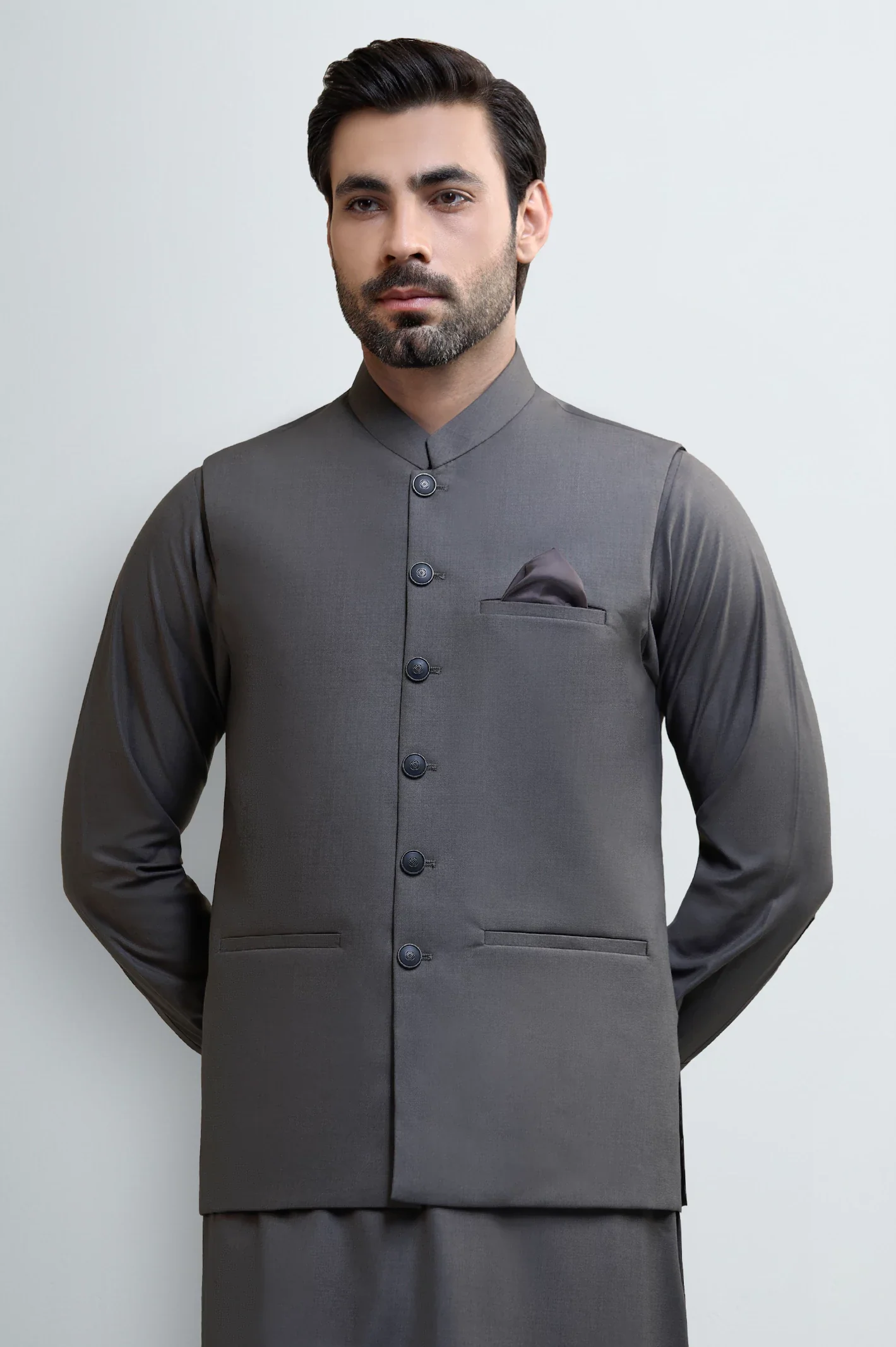 Dark Grey Shalwar Kameez with Waistcoat - Image 2