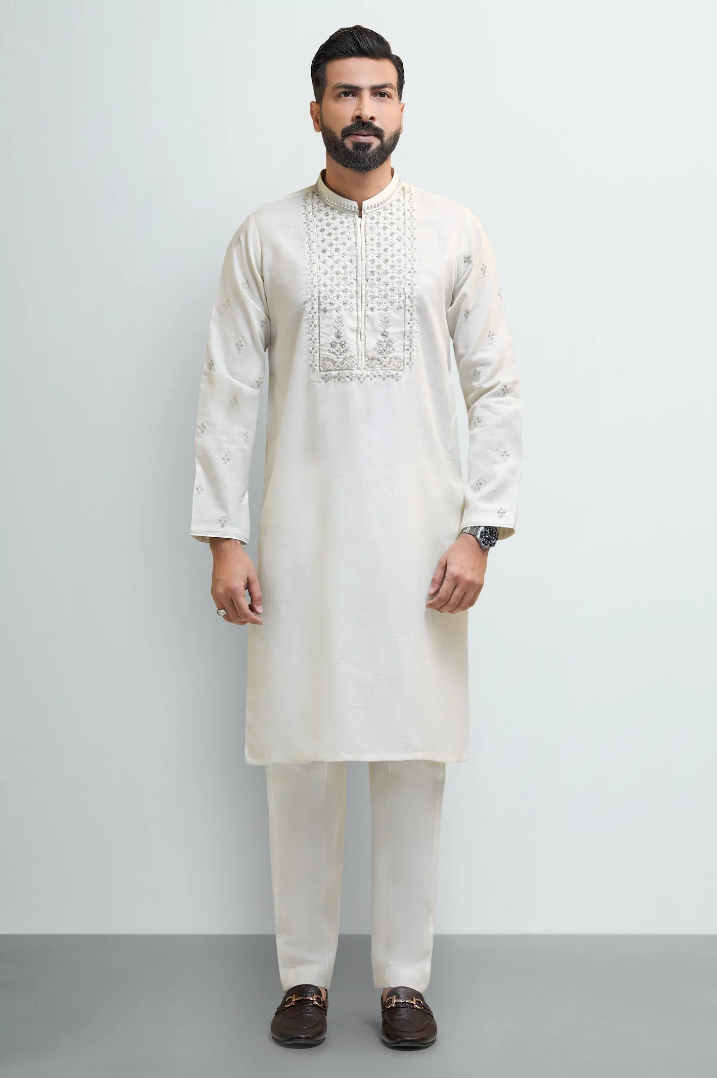 Cream Wash & Wear Kurta Pajama - Image 2