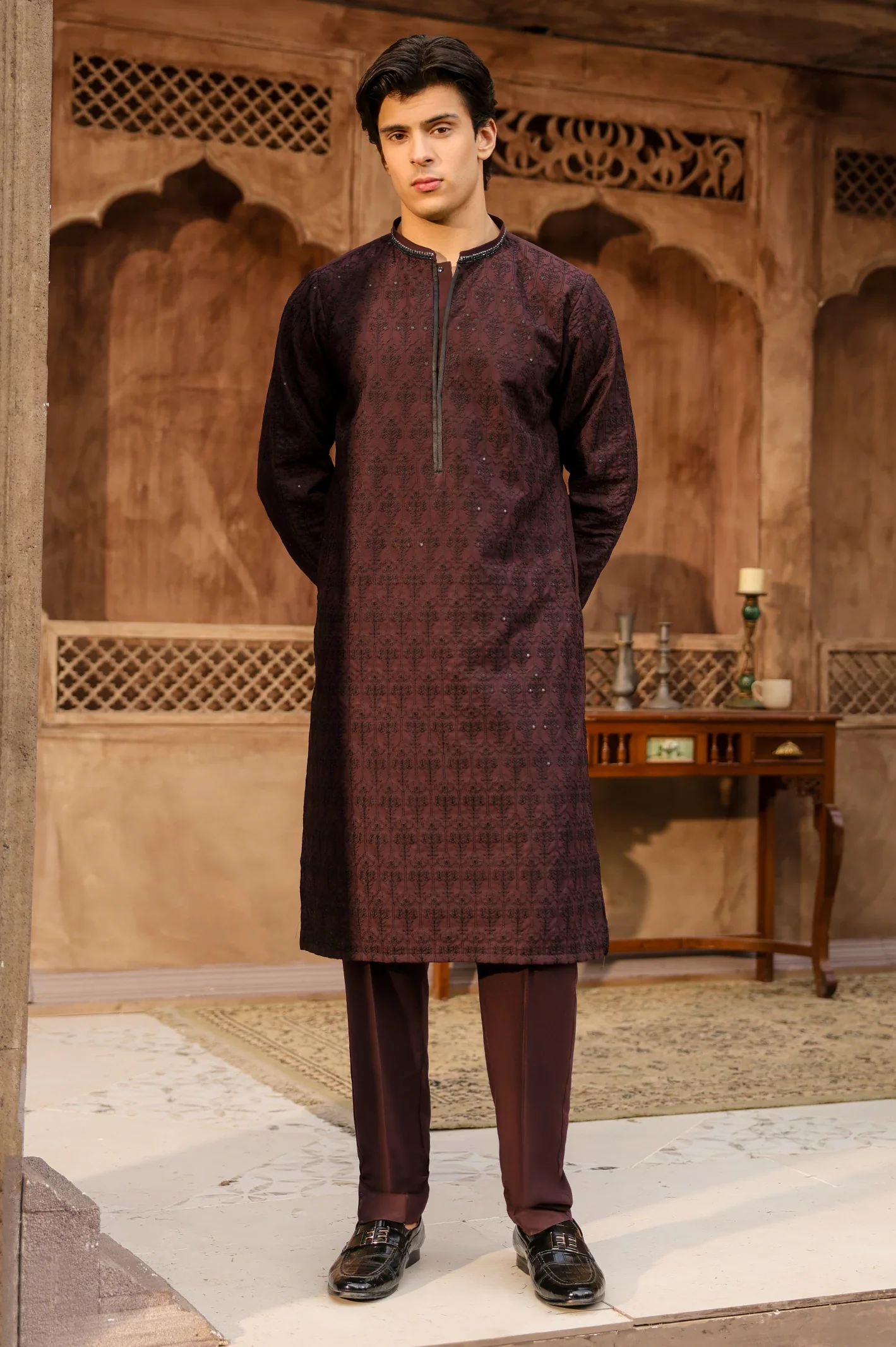 Burgundy Wash & Wear Kurta Pajama - Image 2