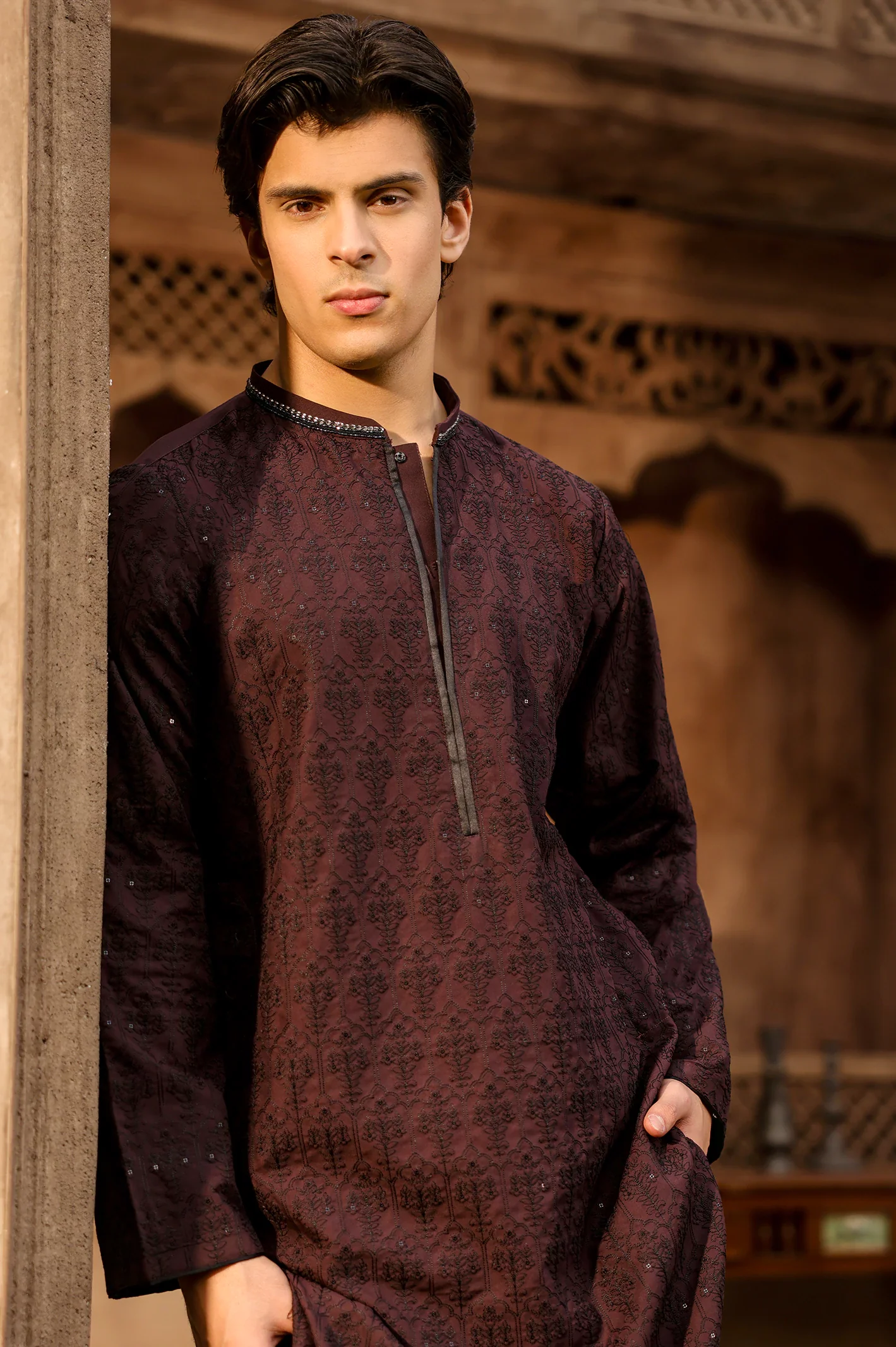 Burgundy Wash & Wear Kurta Pajama - Image 3