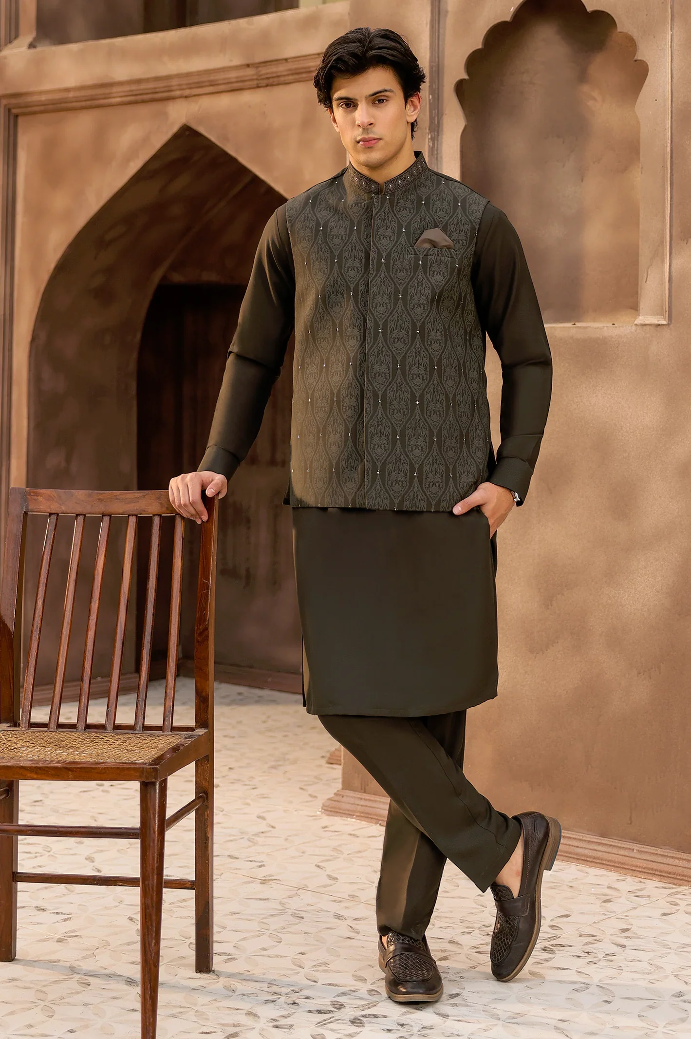 Dark Olive Kurta Pajama with Waistcoat