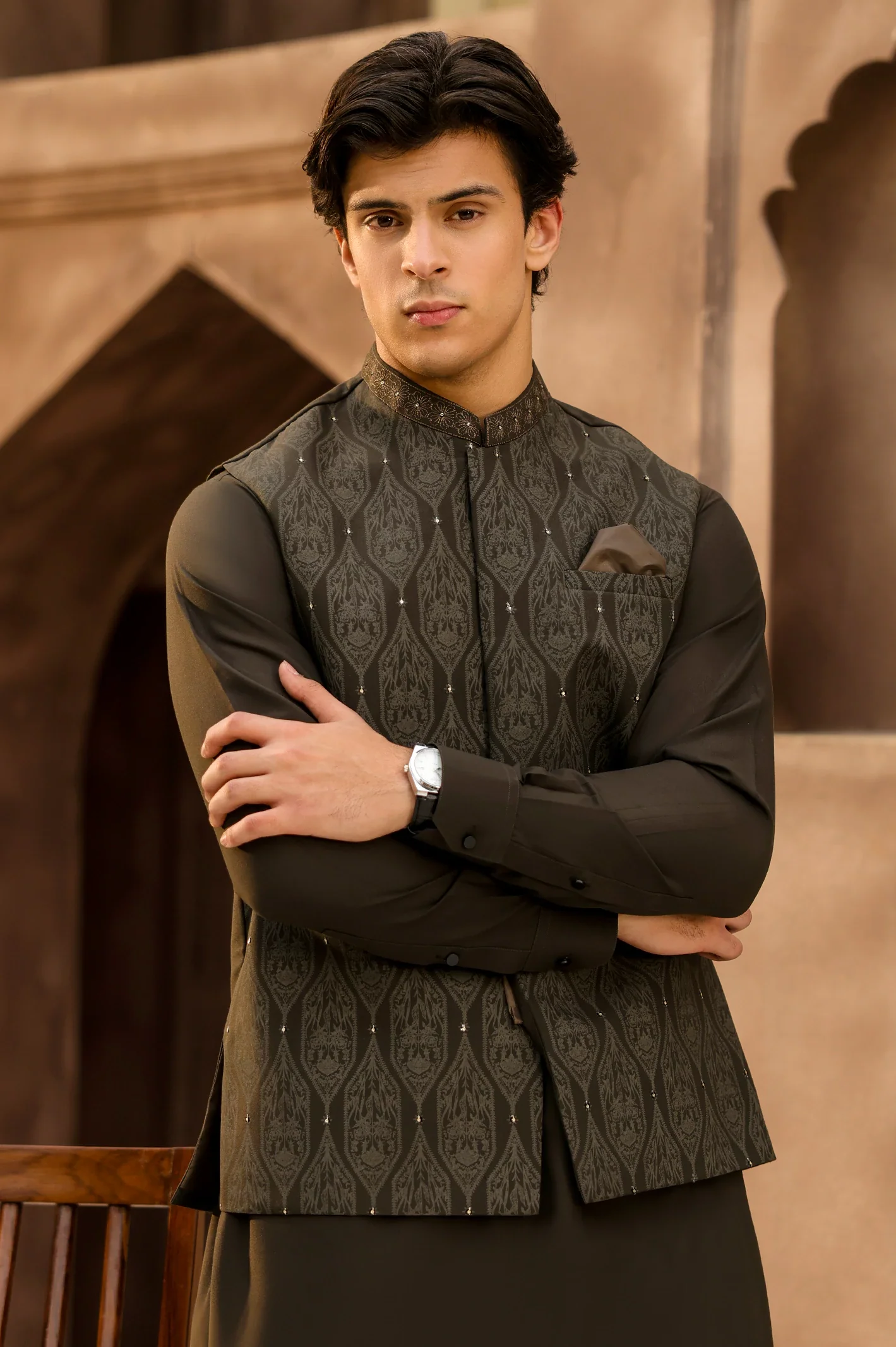 Dark Olive Kurta Pajama with Waistcoat - Image 2