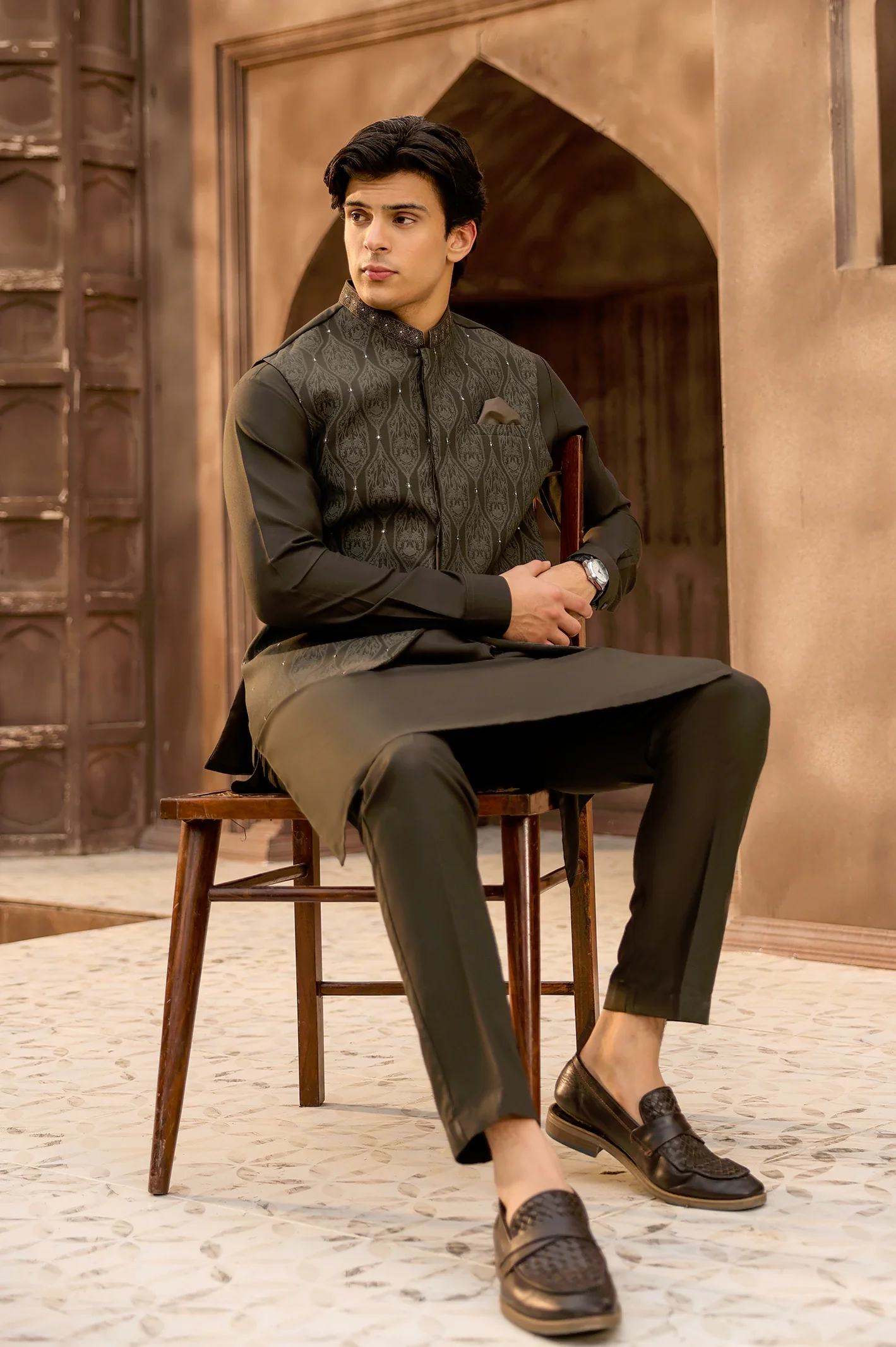 Dark Olive Kurta Pajama with Waistcoat - Image 3