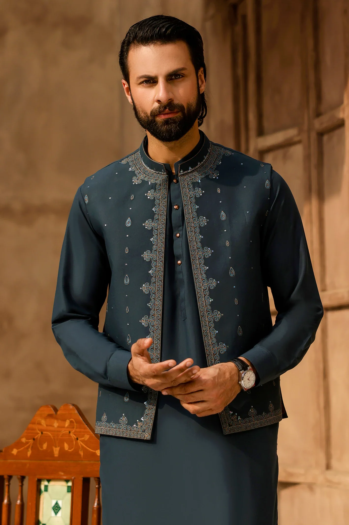 Teal Green Shalwar Kameez with Waistcoat - Image 2