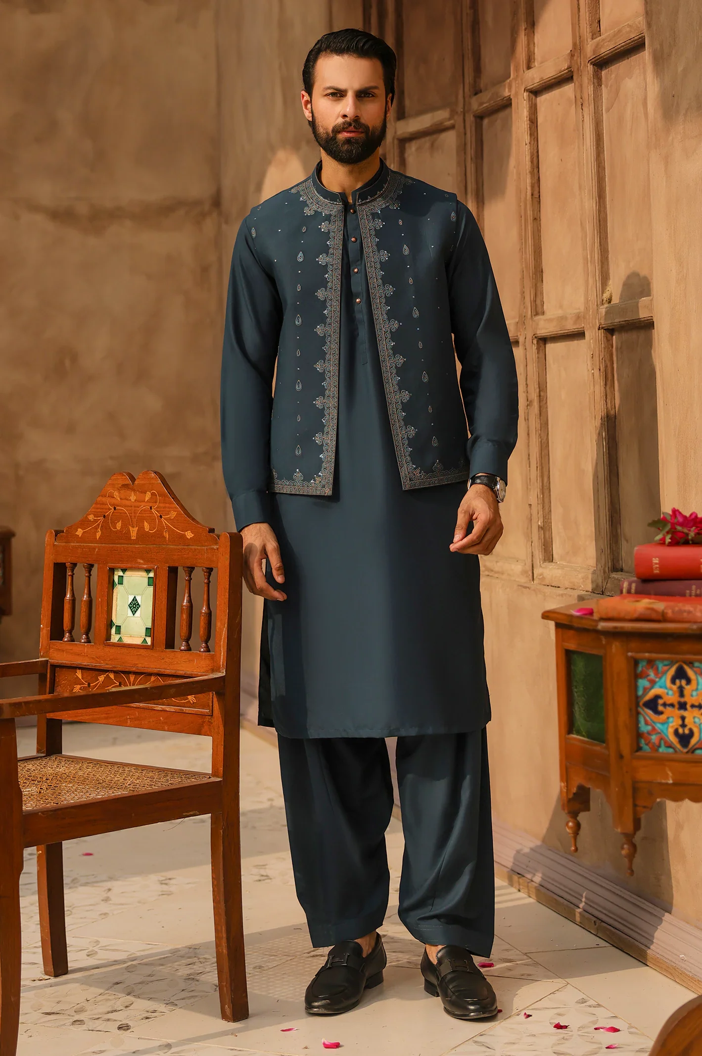 Teal Green Shalwar Kameez with Waistcoat - Image 3