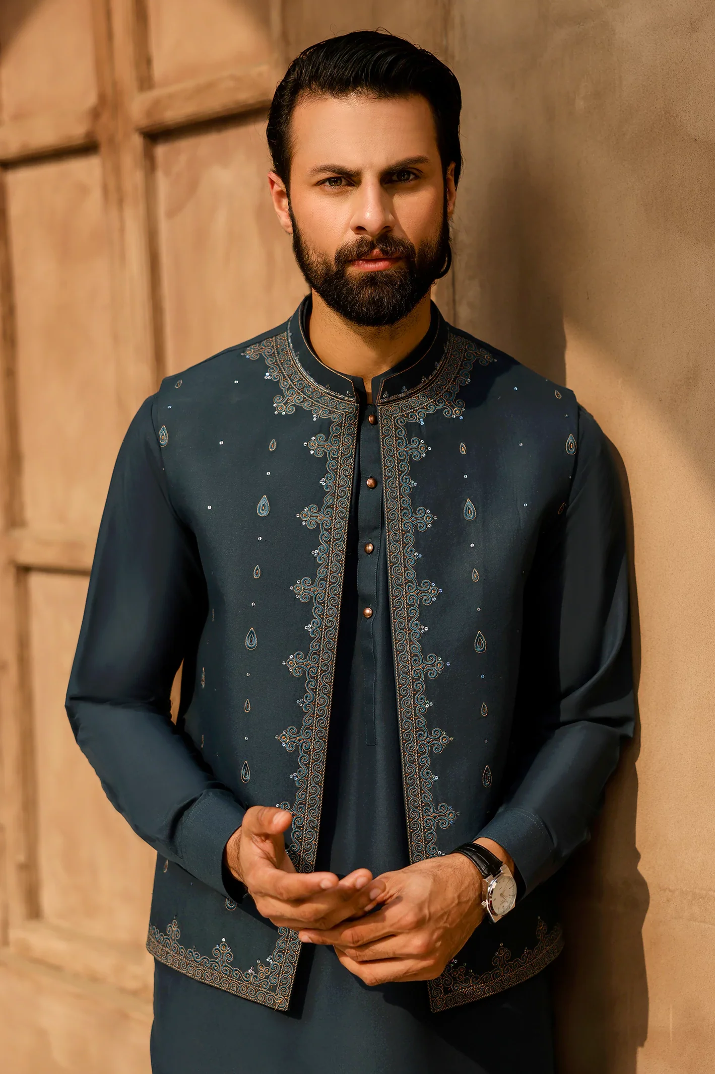 Teal Green Shalwar Kameez with Waistcoat - Image 4