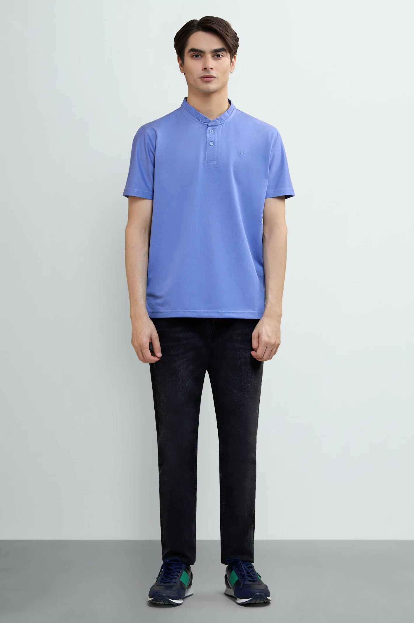 Men's Blue Solid Stand-Up Collar Polo T-Shirt - Image 2
