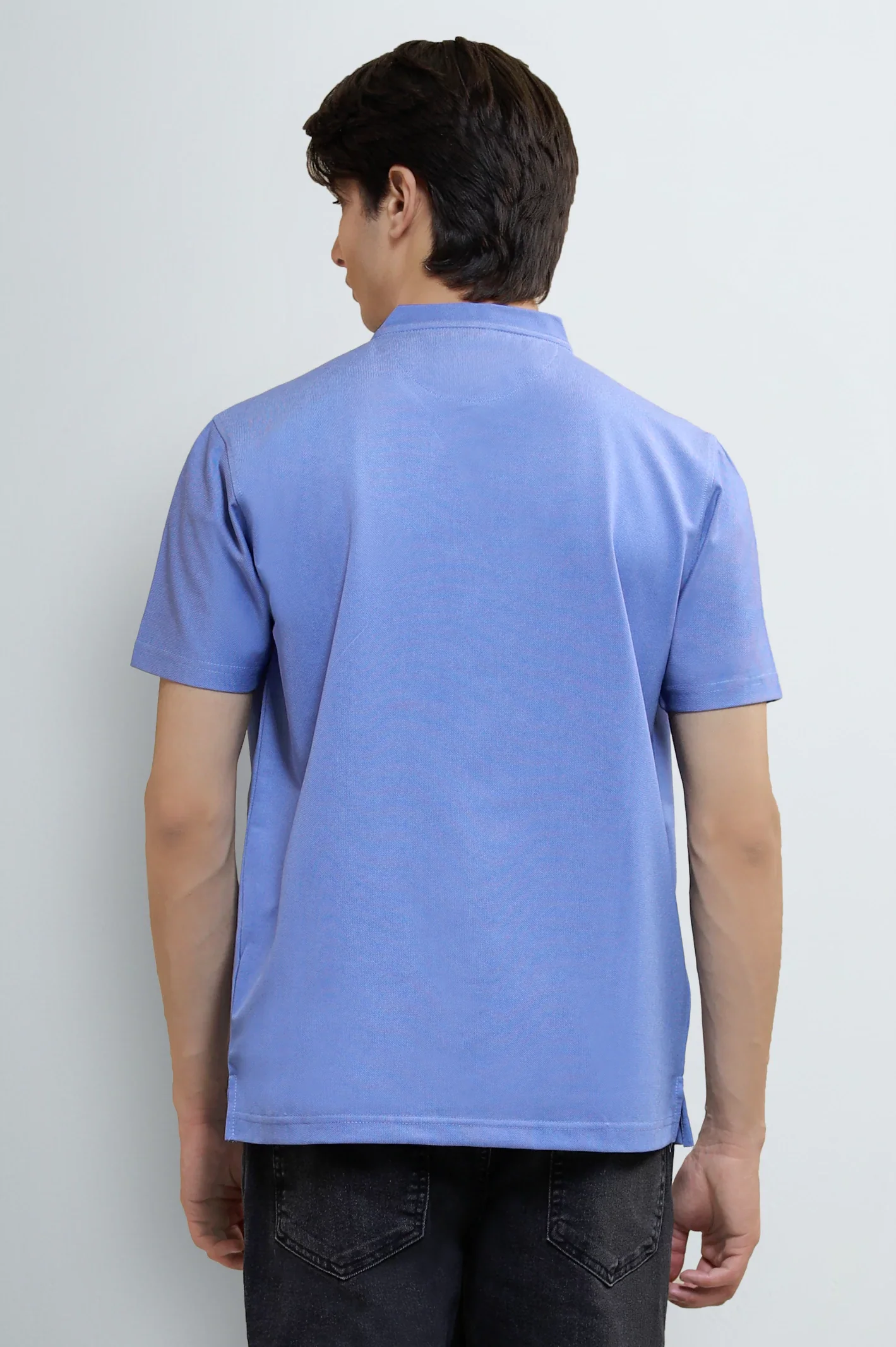 Men's Blue Solid Stand-Up Collar Polo T-Shirt - Image 4