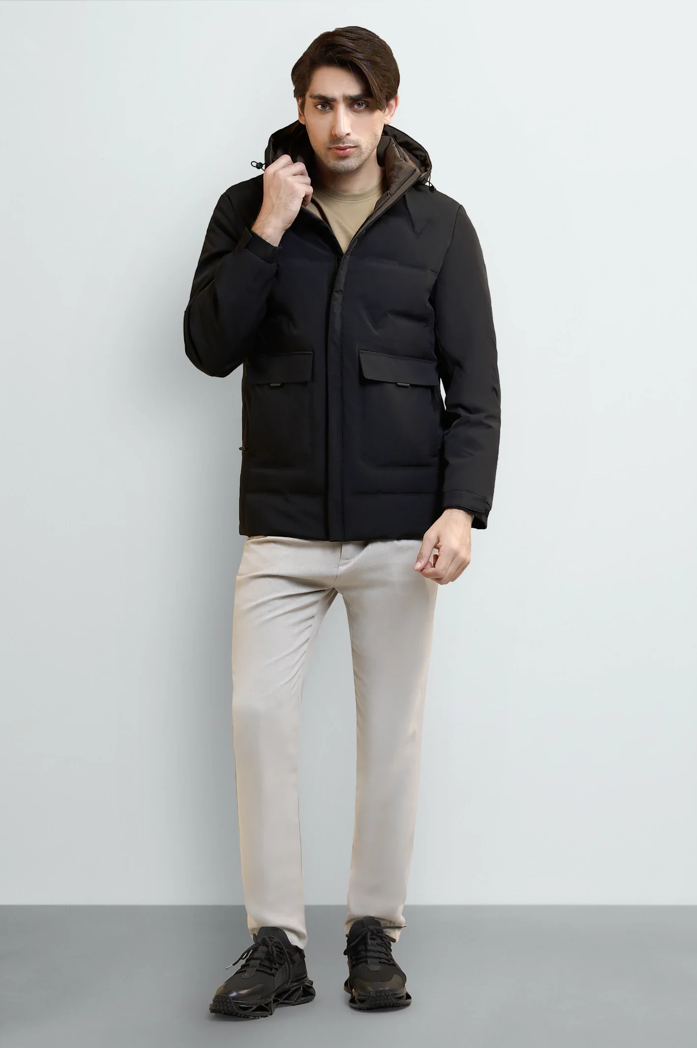 Black Hooded Puffer Jacket for Men - Image 2