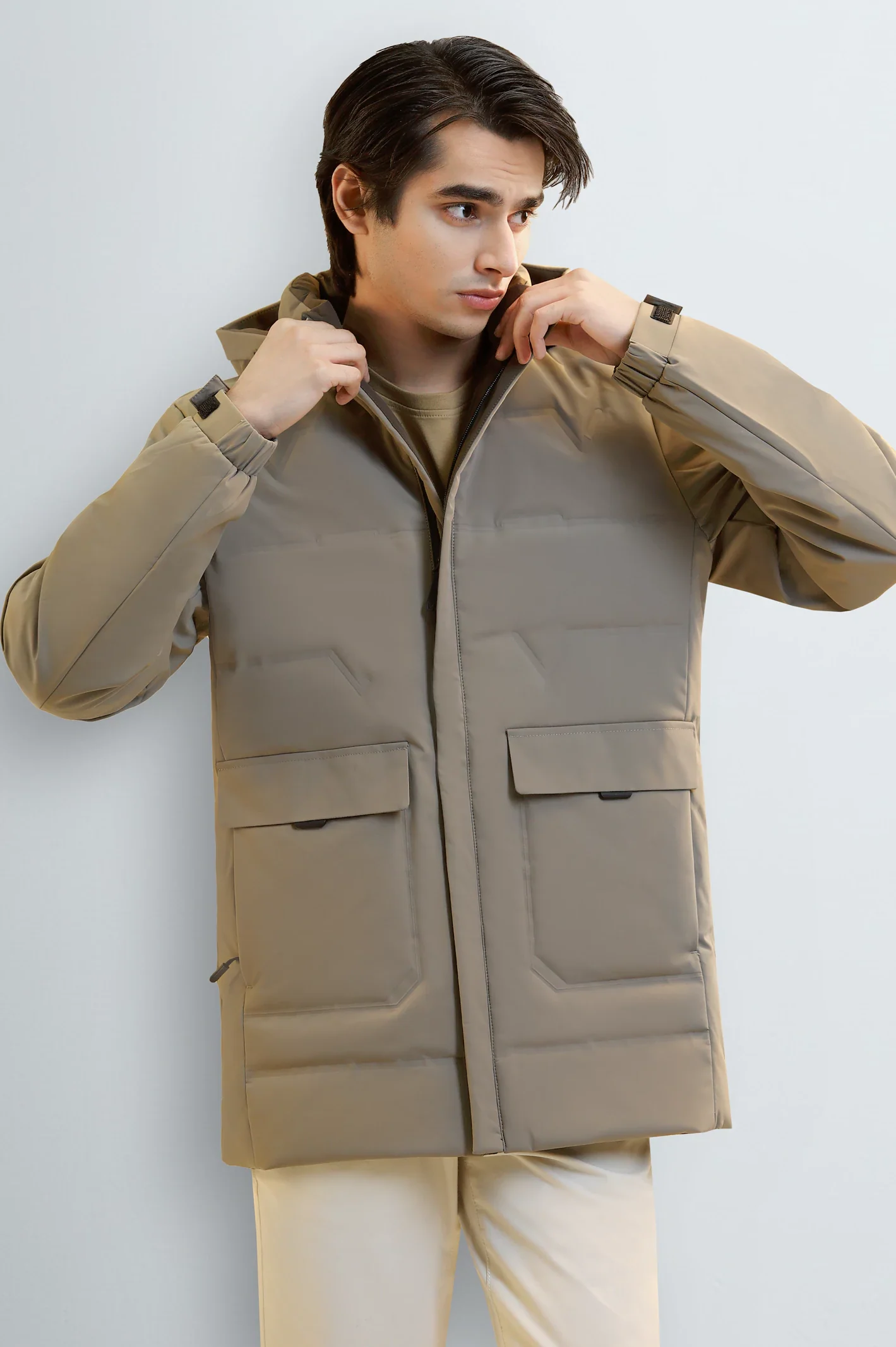 Khaki Hooded Puffer Jacket for Men
