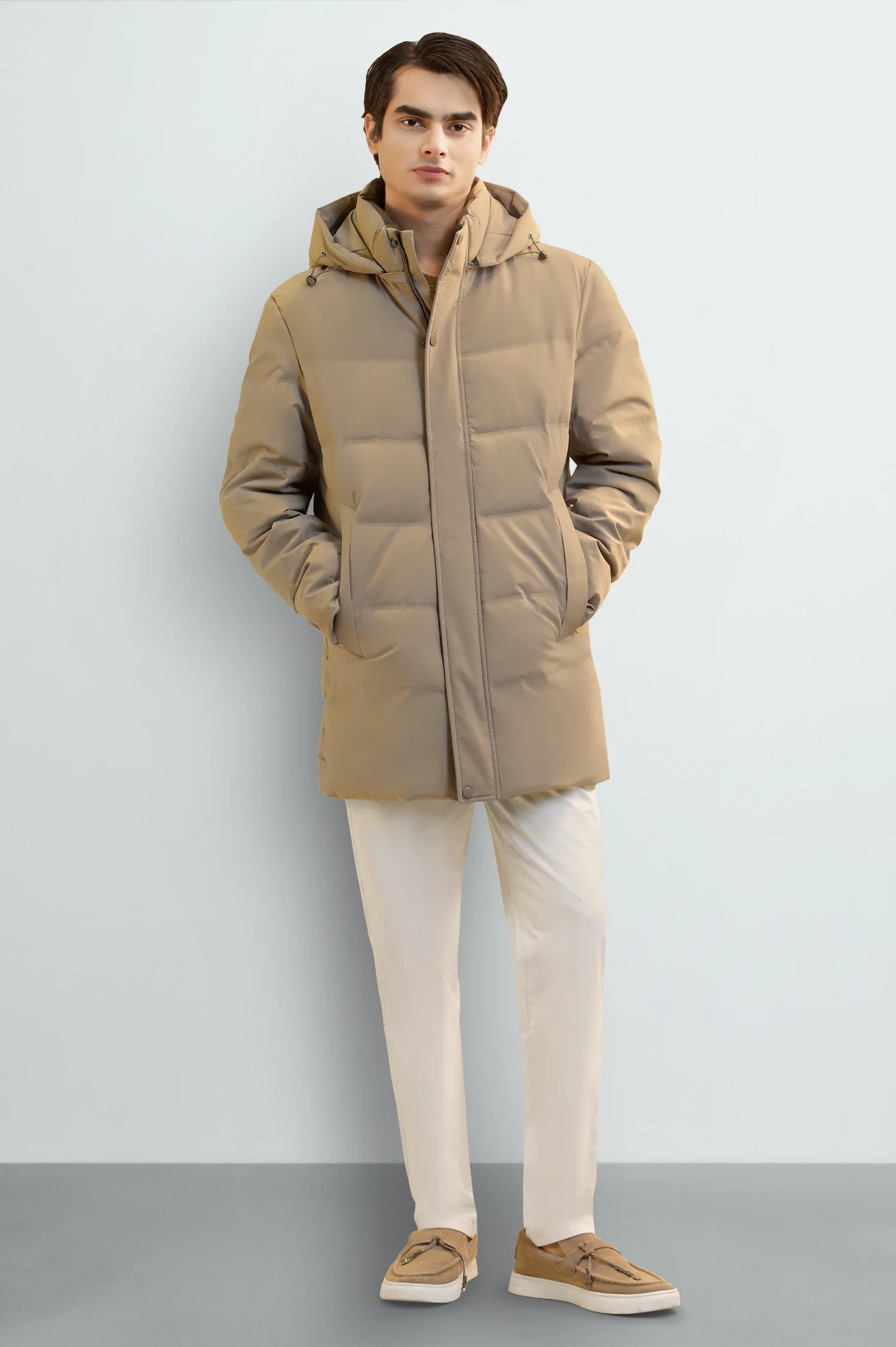 Men's Khaki Hooded Long Jacket - Image 2