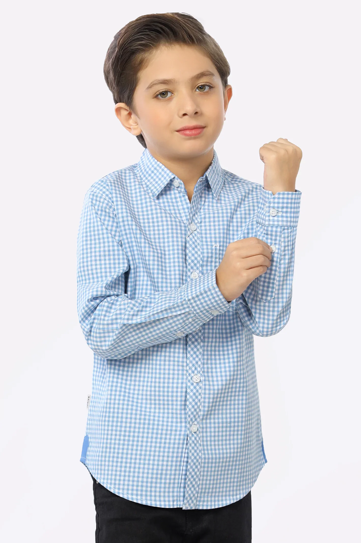 Light Blue Gingham Check Boys Shirt - Image 4