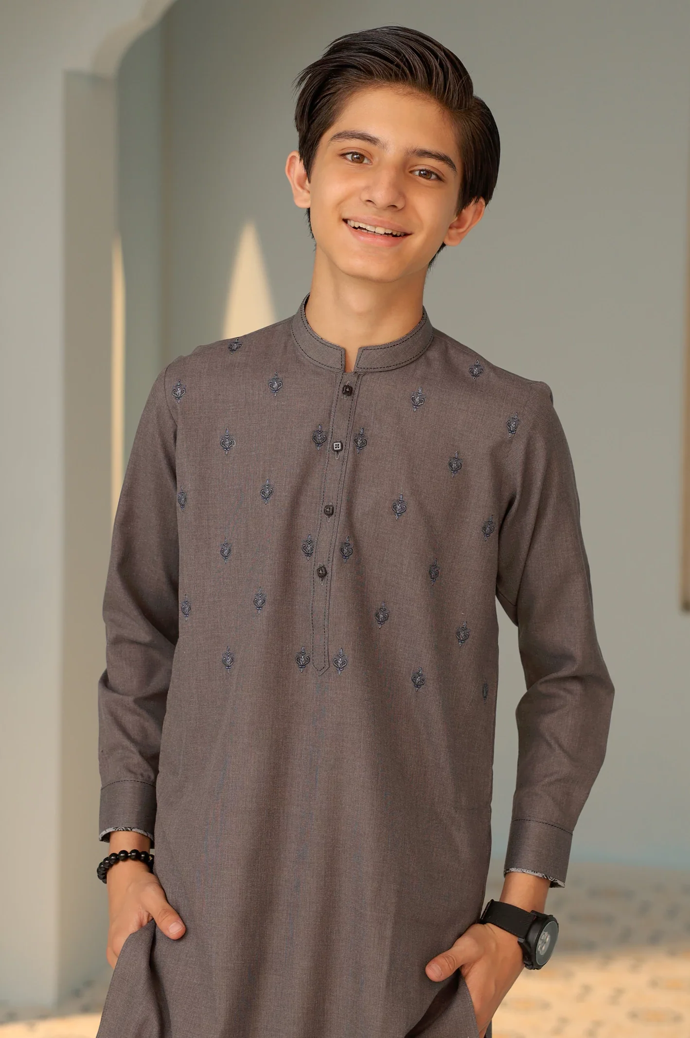 Boys Dark Grey Kurta Pajama - Image 2