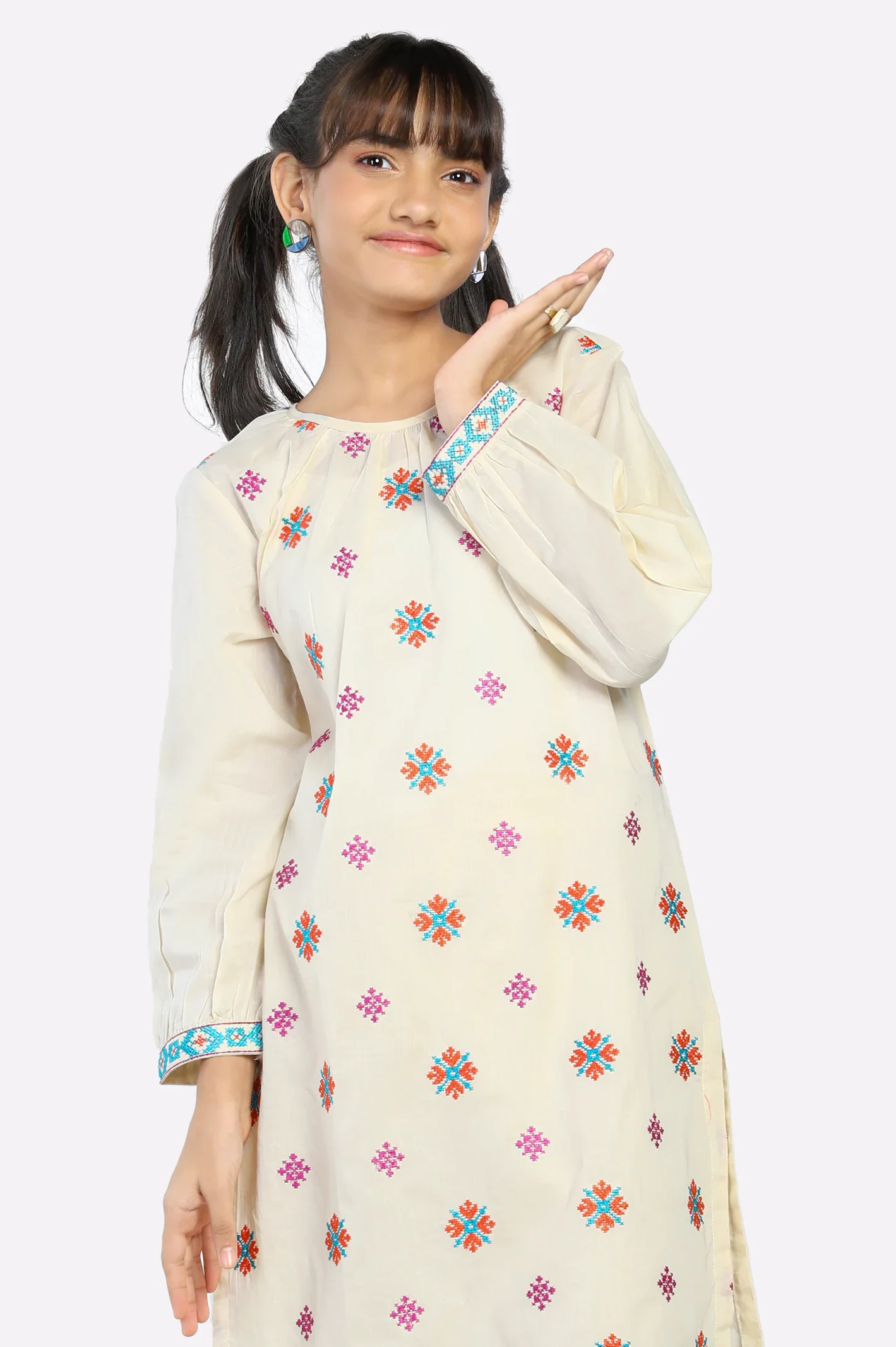 Beige Embroidered Girls 2PC - Image 2
