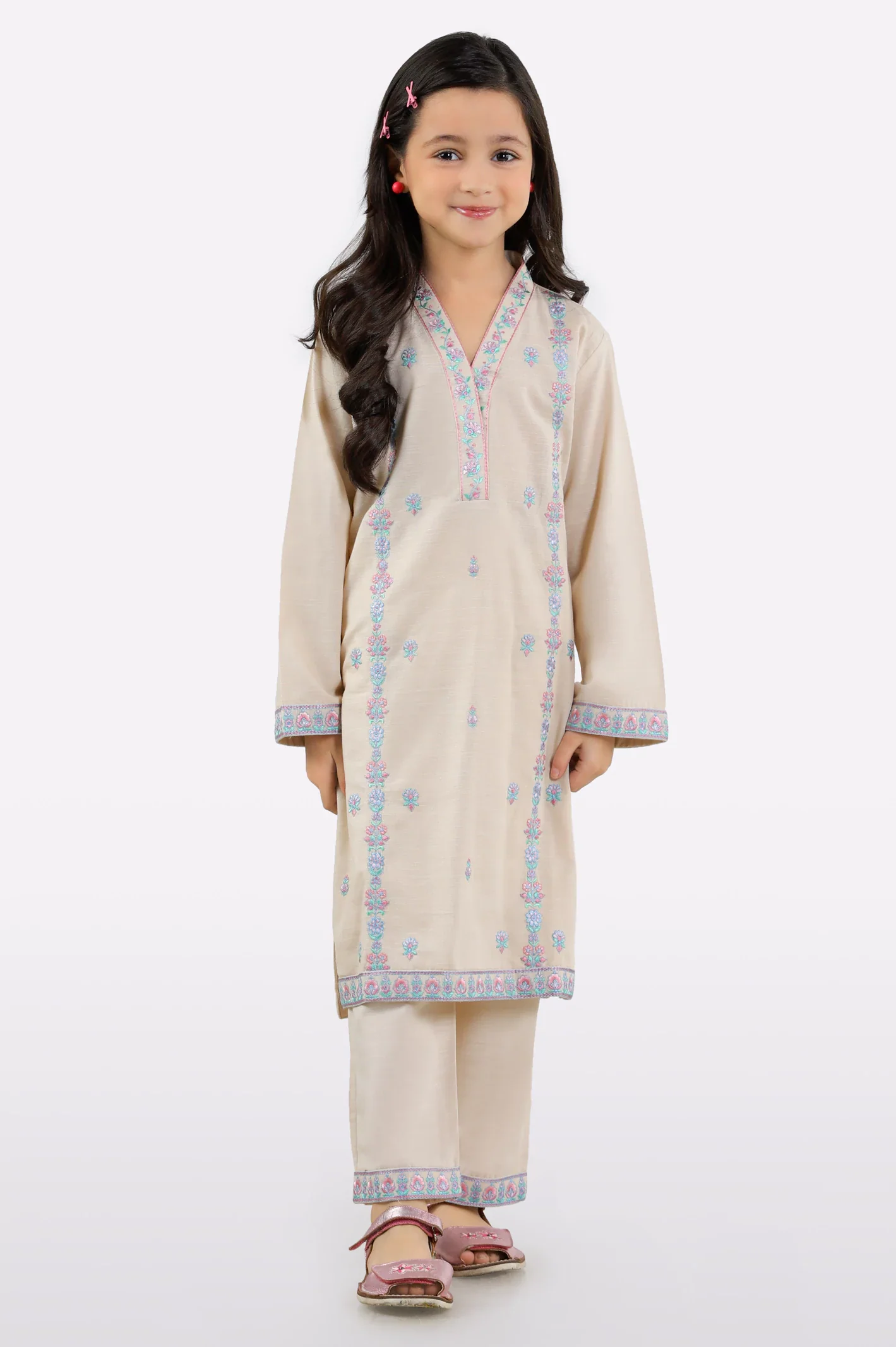 Beige Embroidered Girls 2PC
