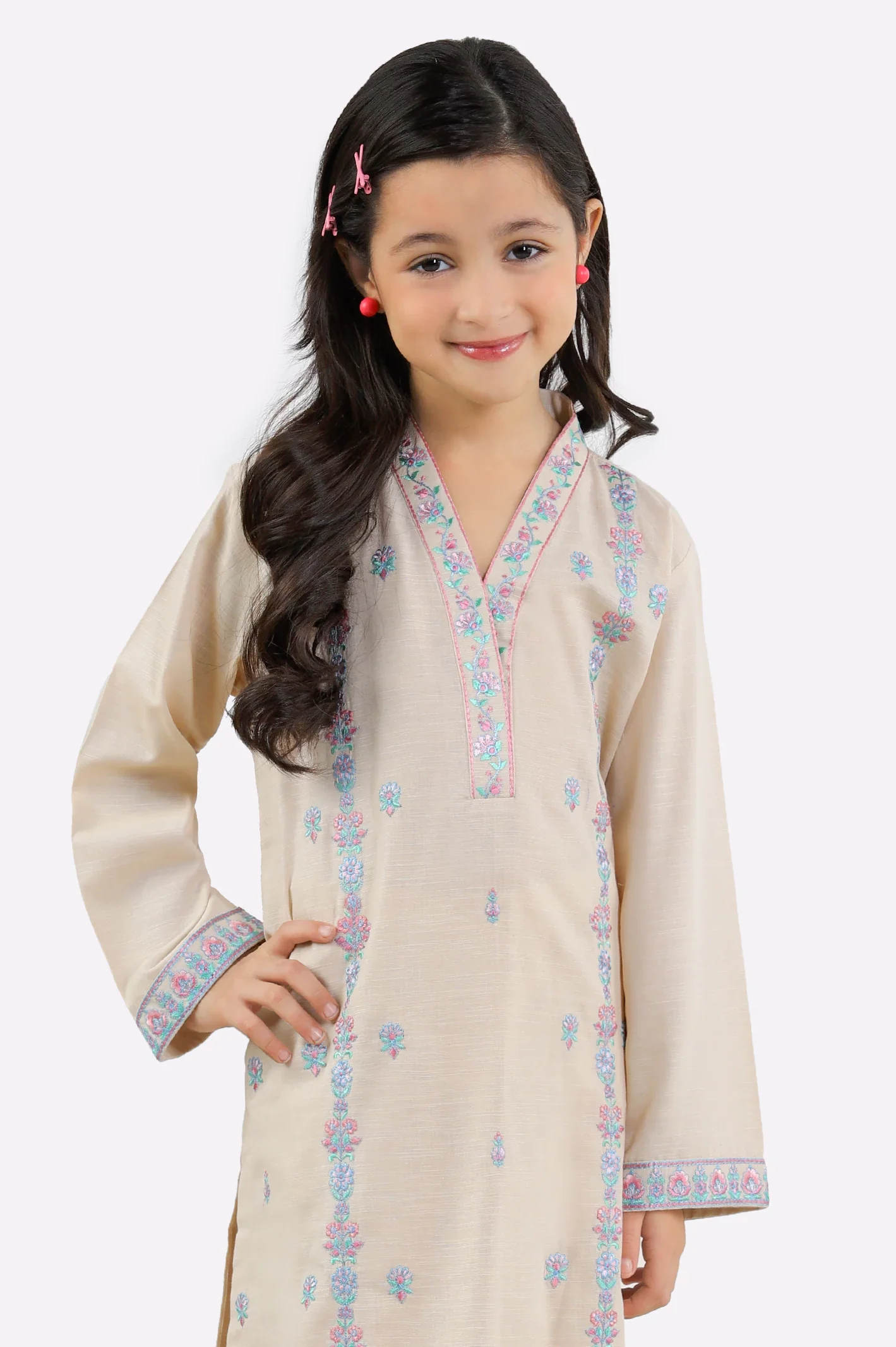 Beige Embroidered Girls 2PC - Image 2