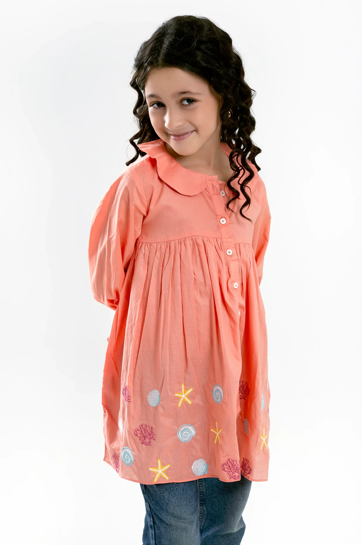 Peach Embroidered Girls Kurti - Image 2