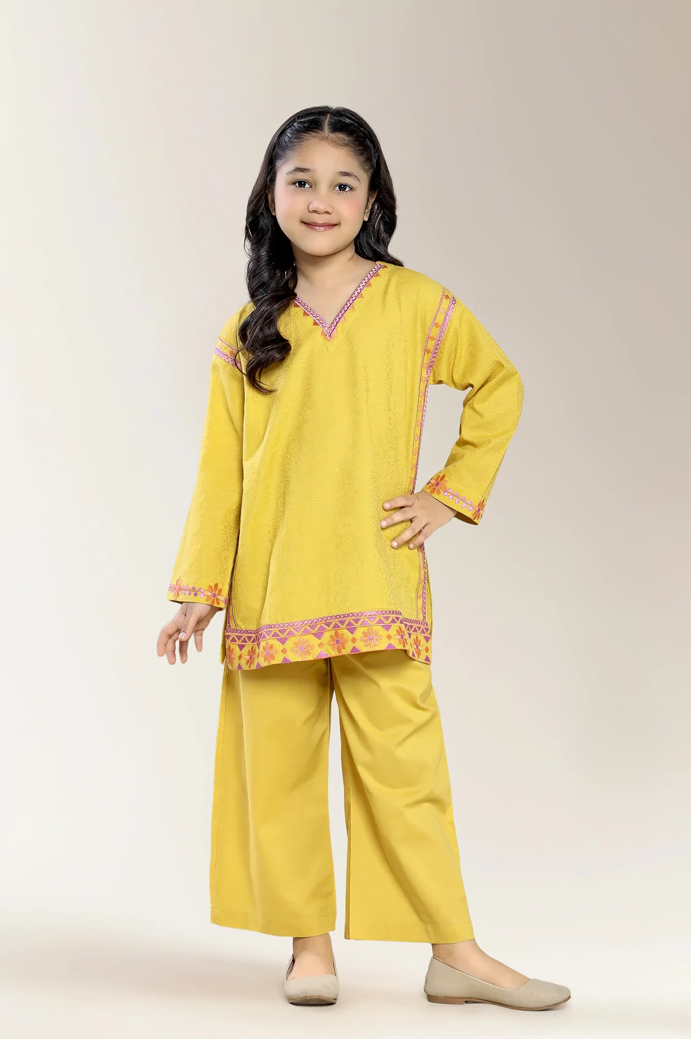 Embroidered Jacquard Mustard Girls 2PC