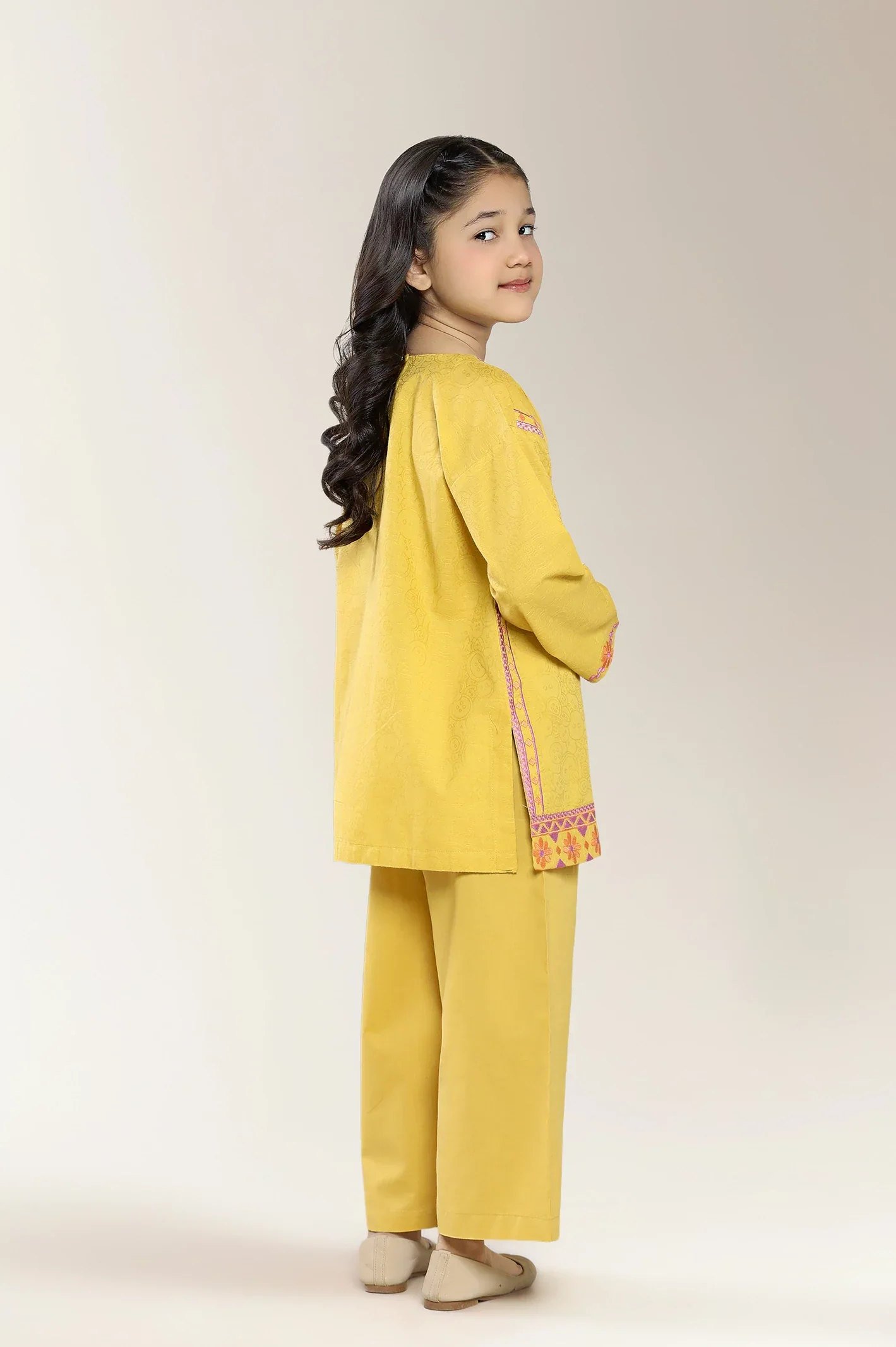 Embroidered Jacquard Mustard Girls 2PC - Image 2
