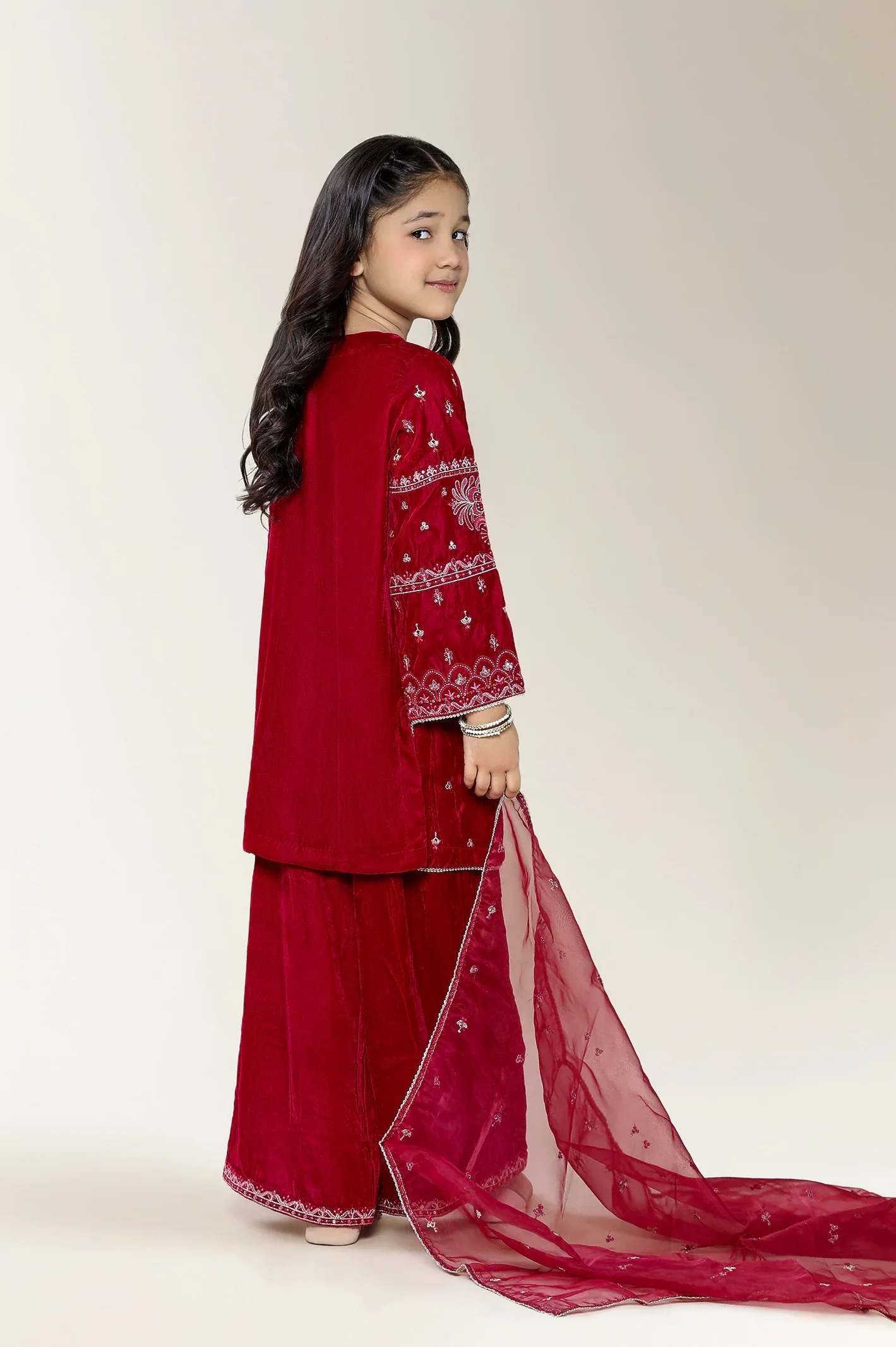 Embroidered Velvet Pink Girls 3PC - Image 2