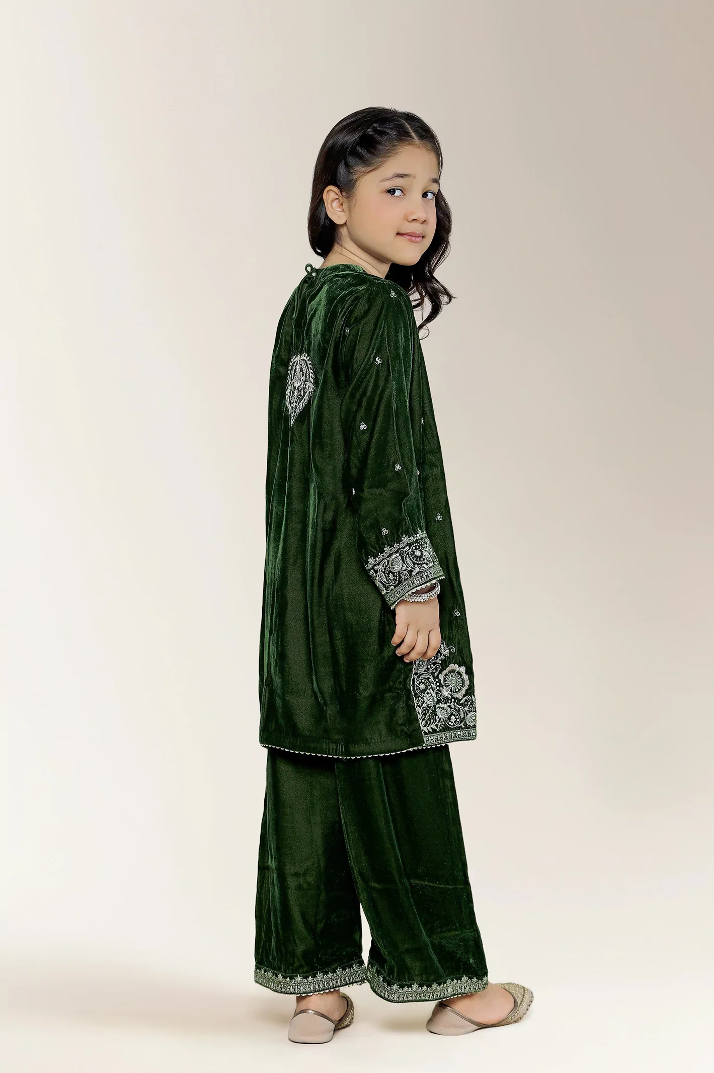 Embroidered Velvet Olive Girls 2PC - Image 2