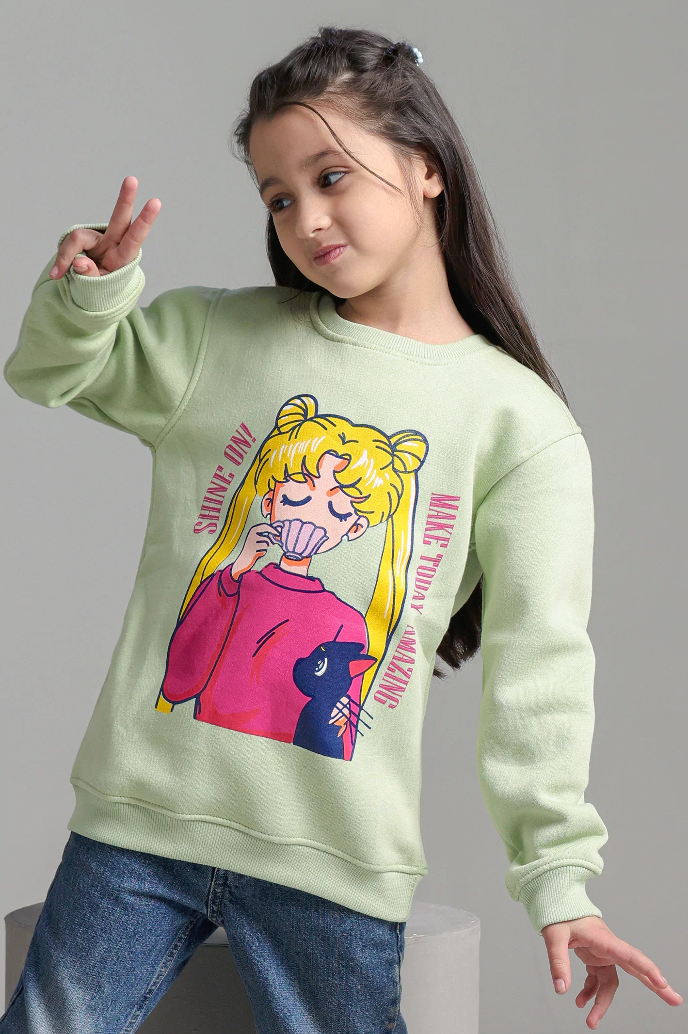Light Green Graphic Girls Sweatshirt