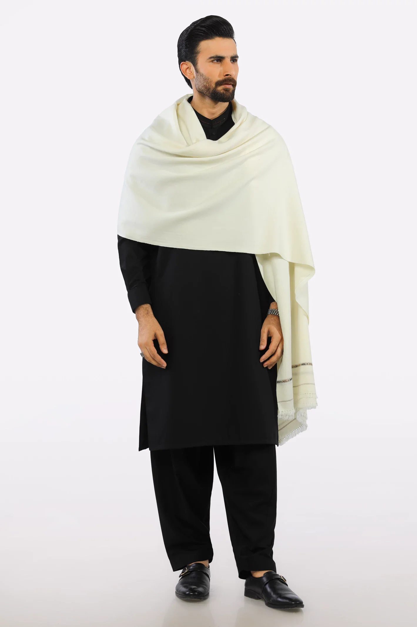 Men Cream Woolen Shawl - Image 4