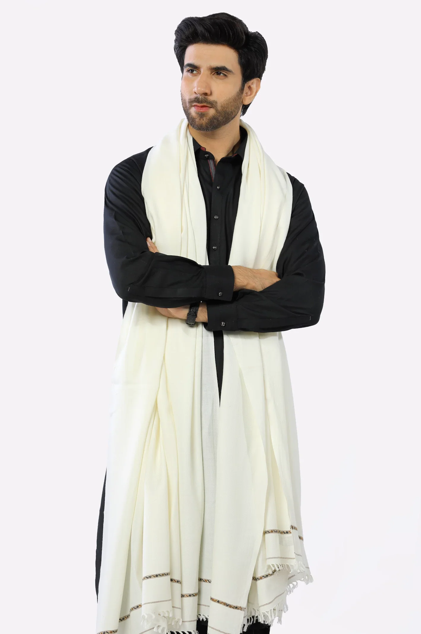 Cream Woolen Shawl for Mens - Image 2