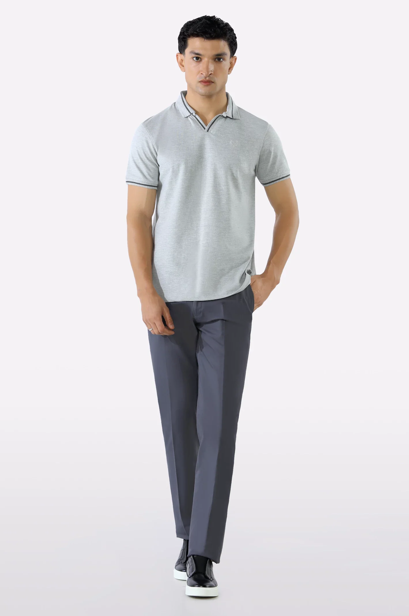 Heather Grey Solid Collar Lycra Polo - Image 2