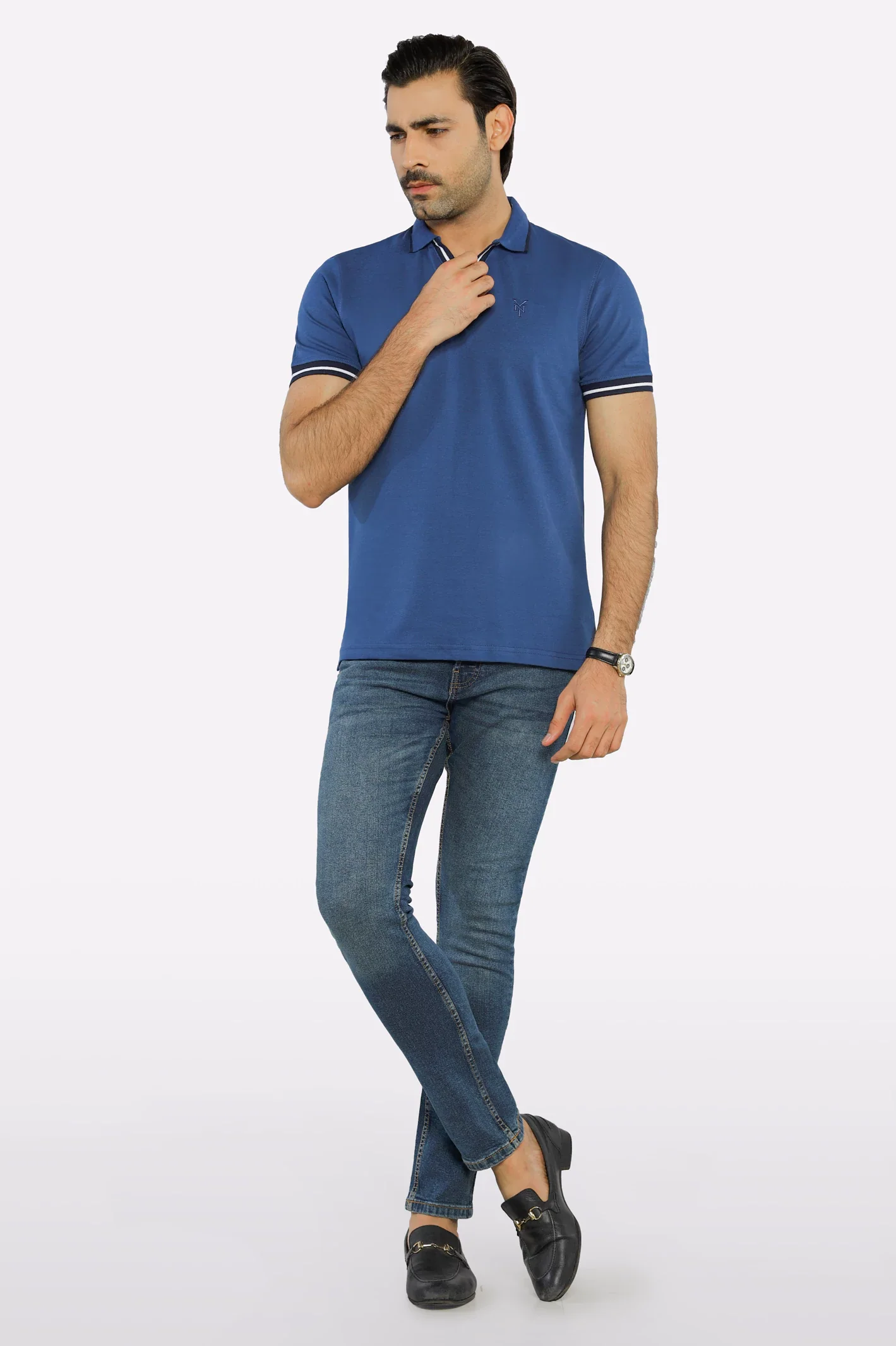 Blue Jacquard Collar Polo - Image 2
