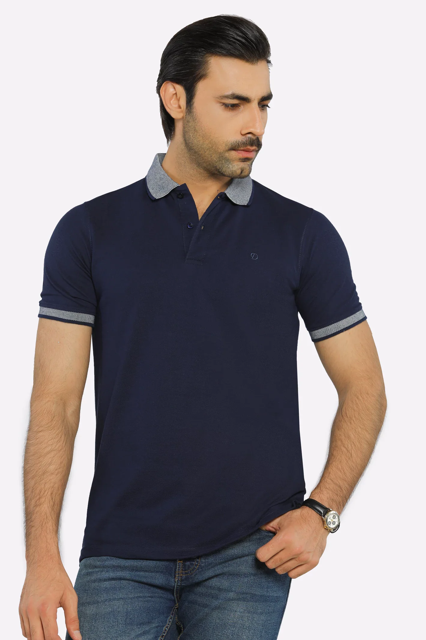 Navy Blue Jacquard Collar Polo
