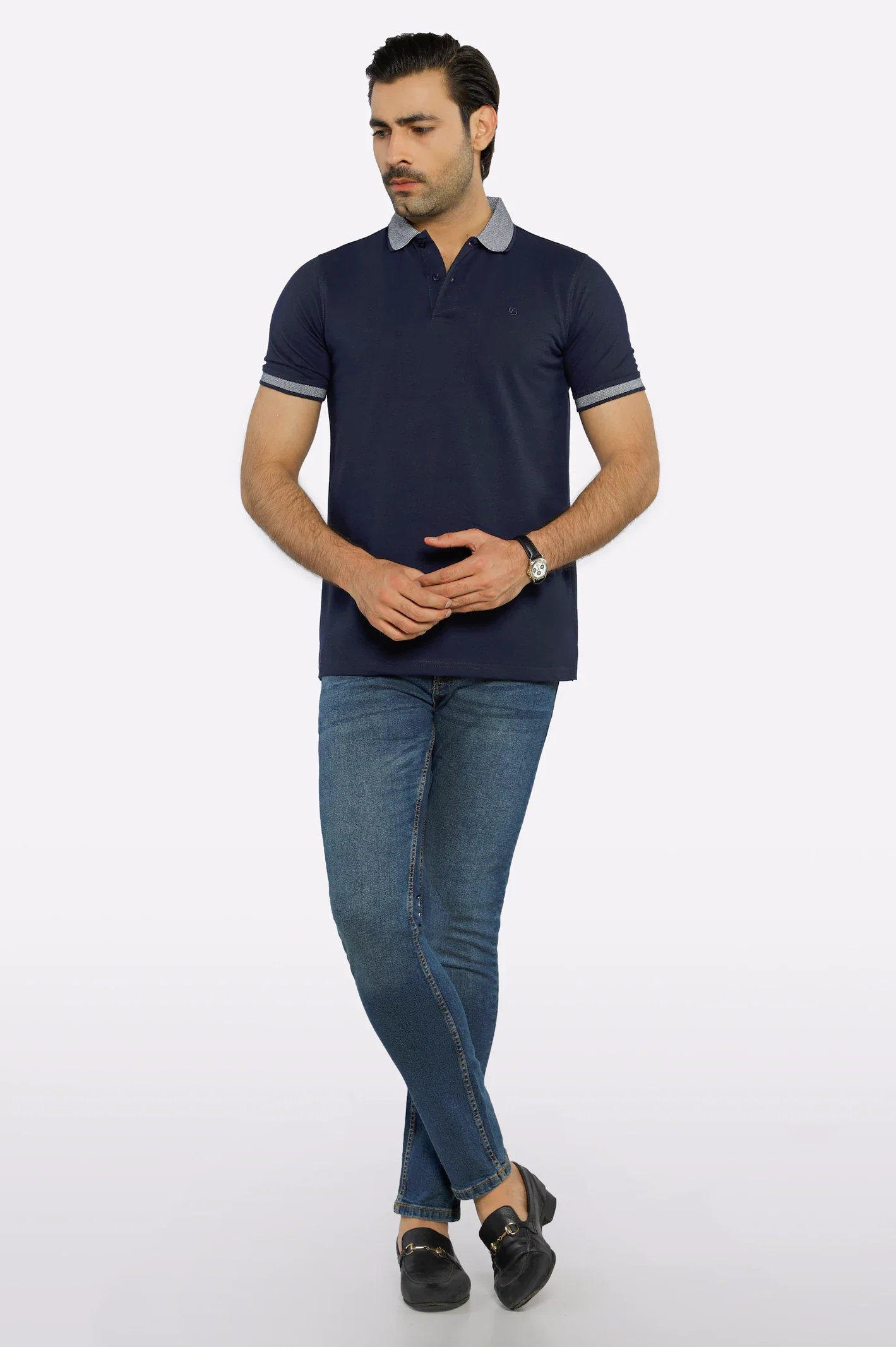 Navy Blue Jacquard Collar Polo - Image 2