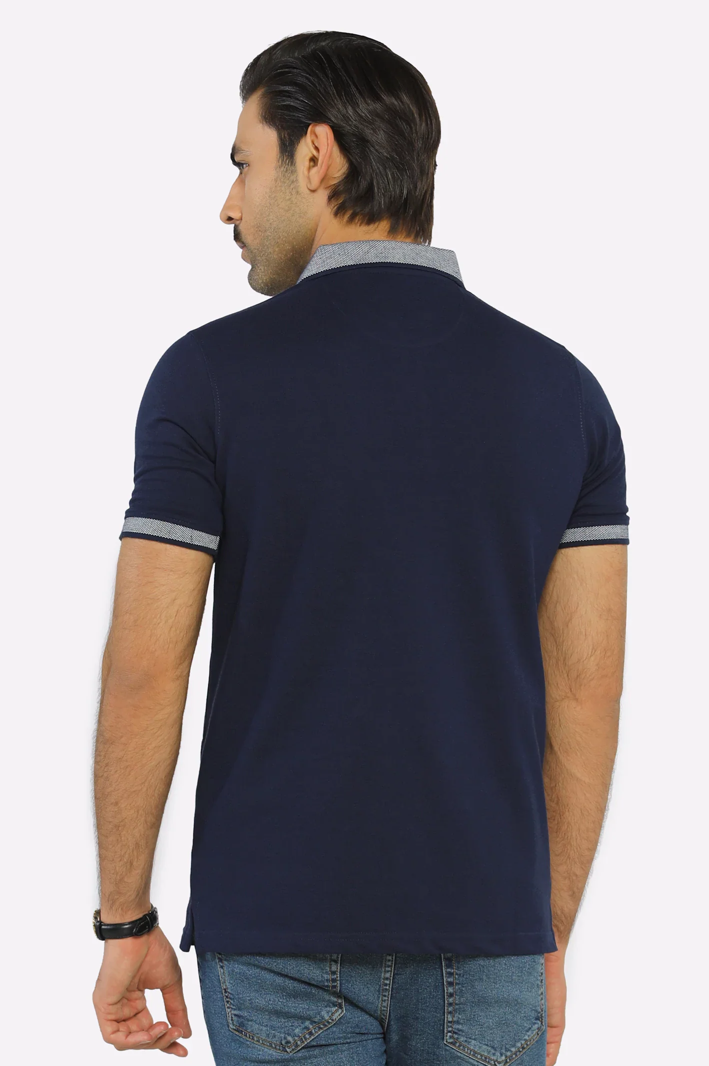 Navy Blue Jacquard Collar Polo - Image 3