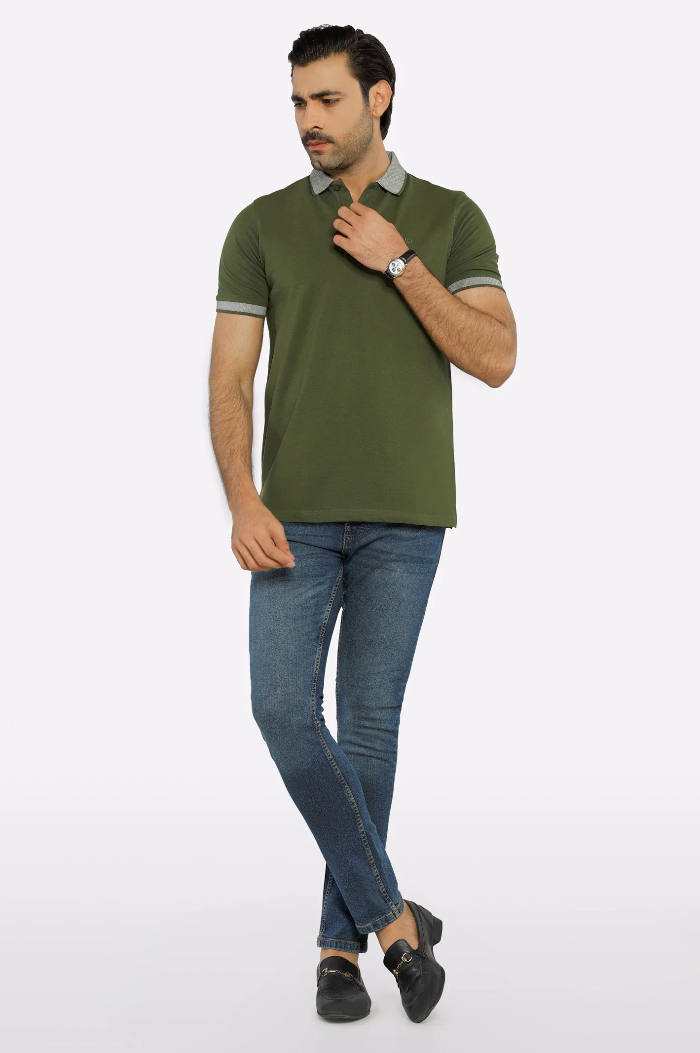 Olive Jacquard Collar Polo - Image 2