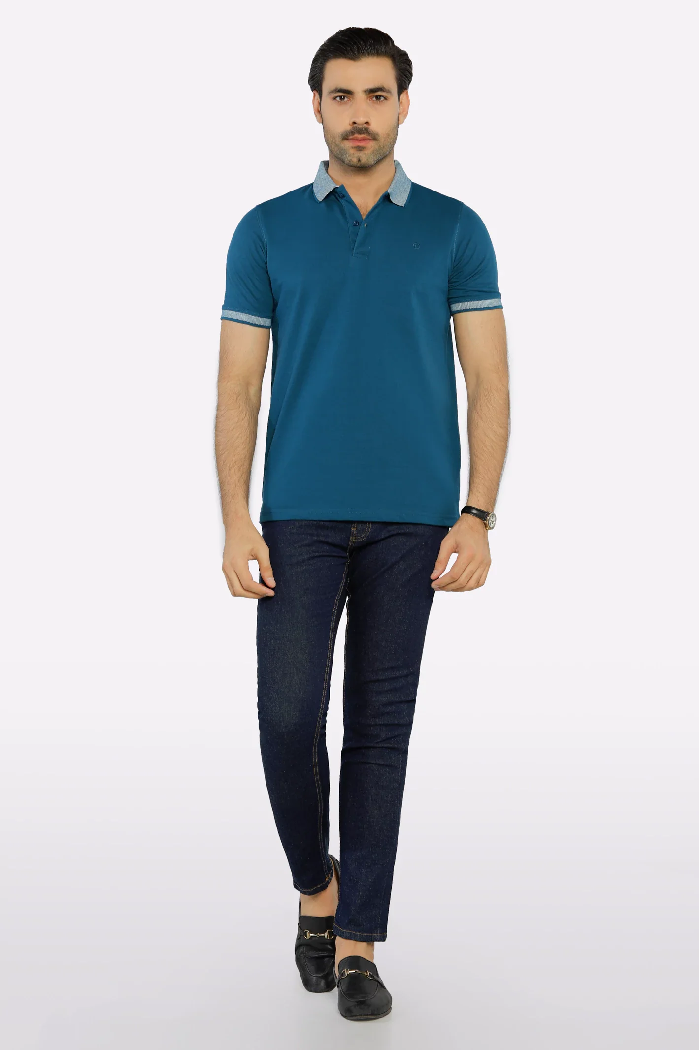 Teal Jacquard Collar Polo - Image 2