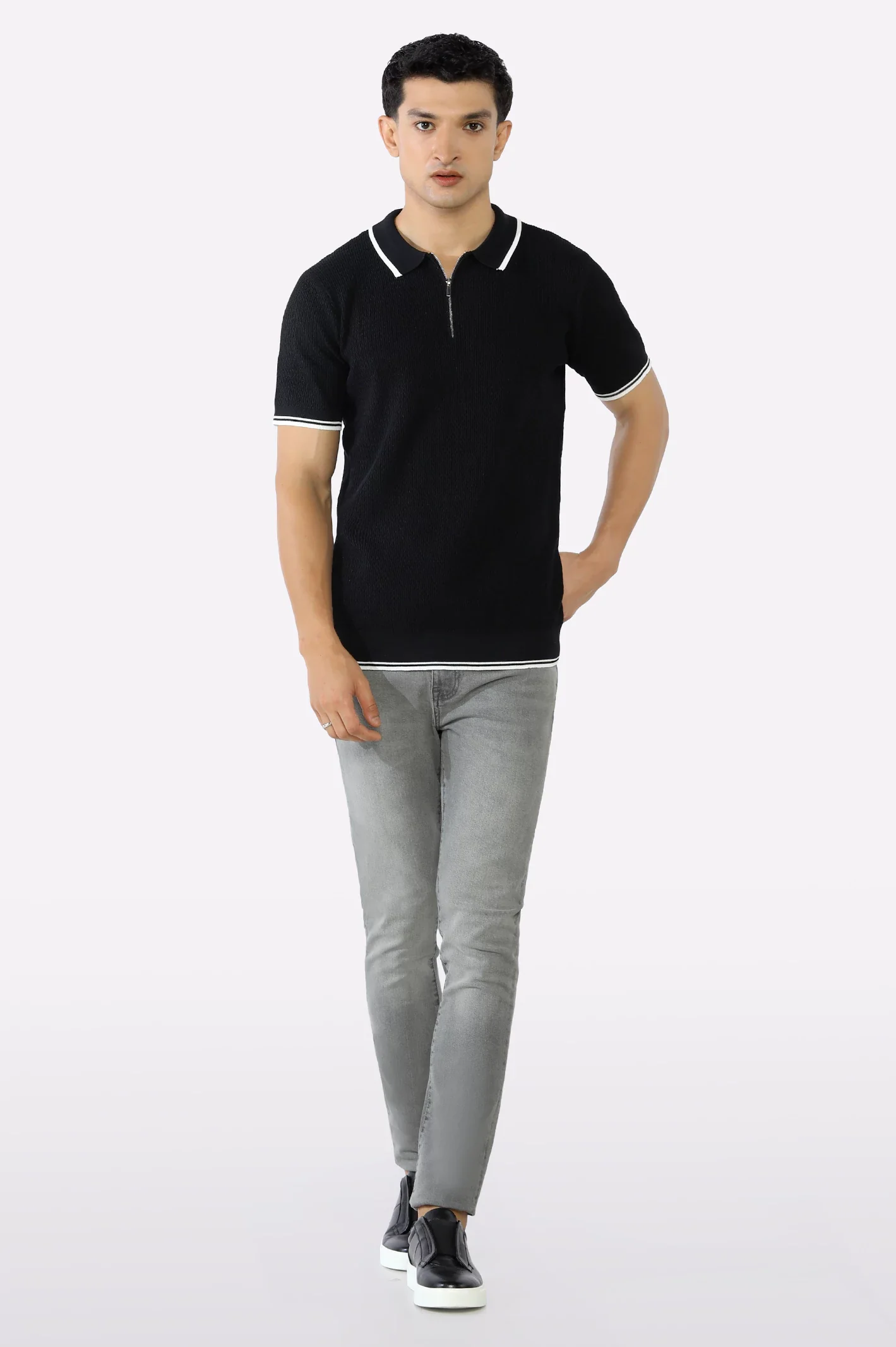Black Flat Knit Polo - Image 2