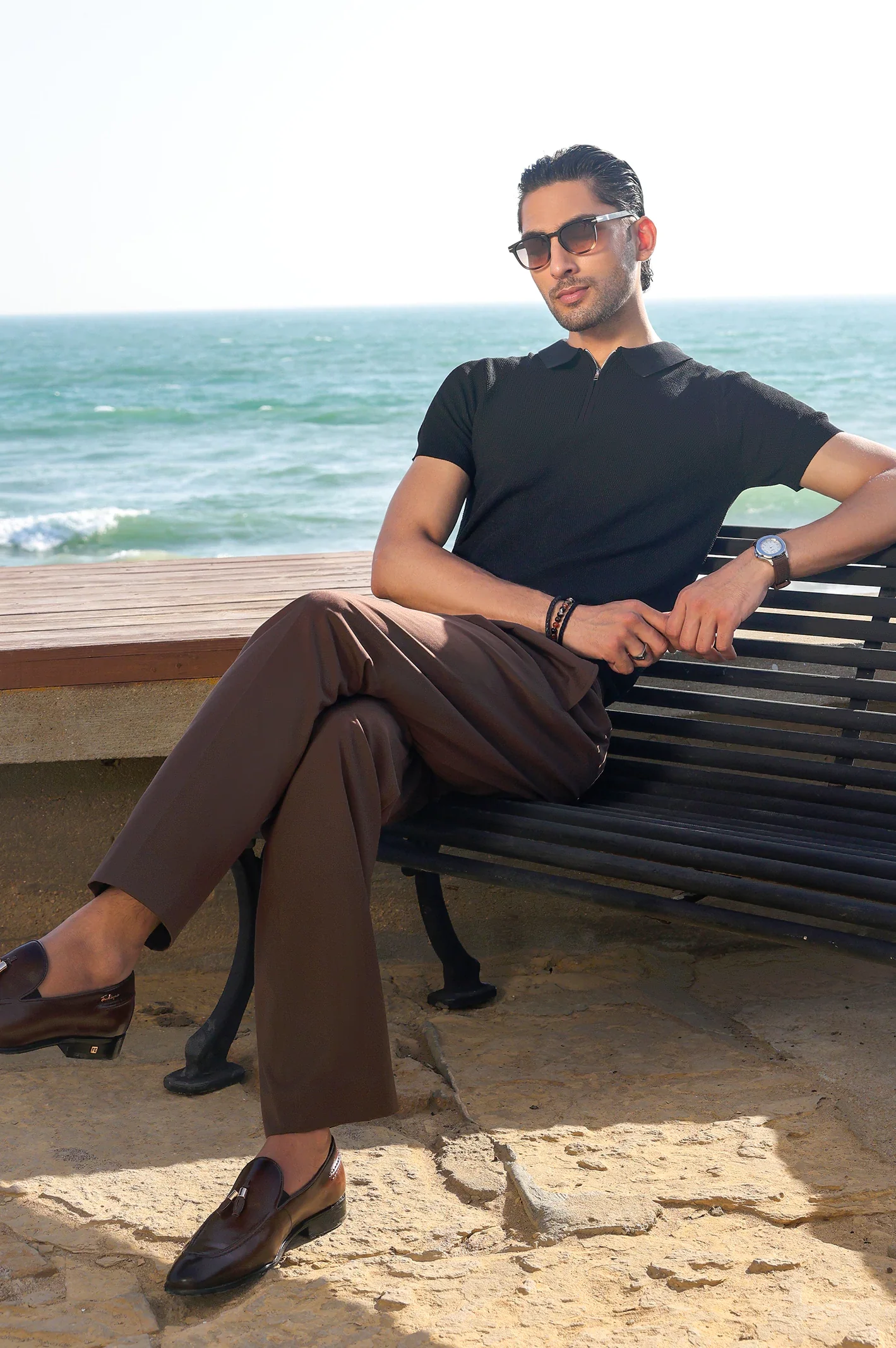 Black Flat Knit Polo - Image 3