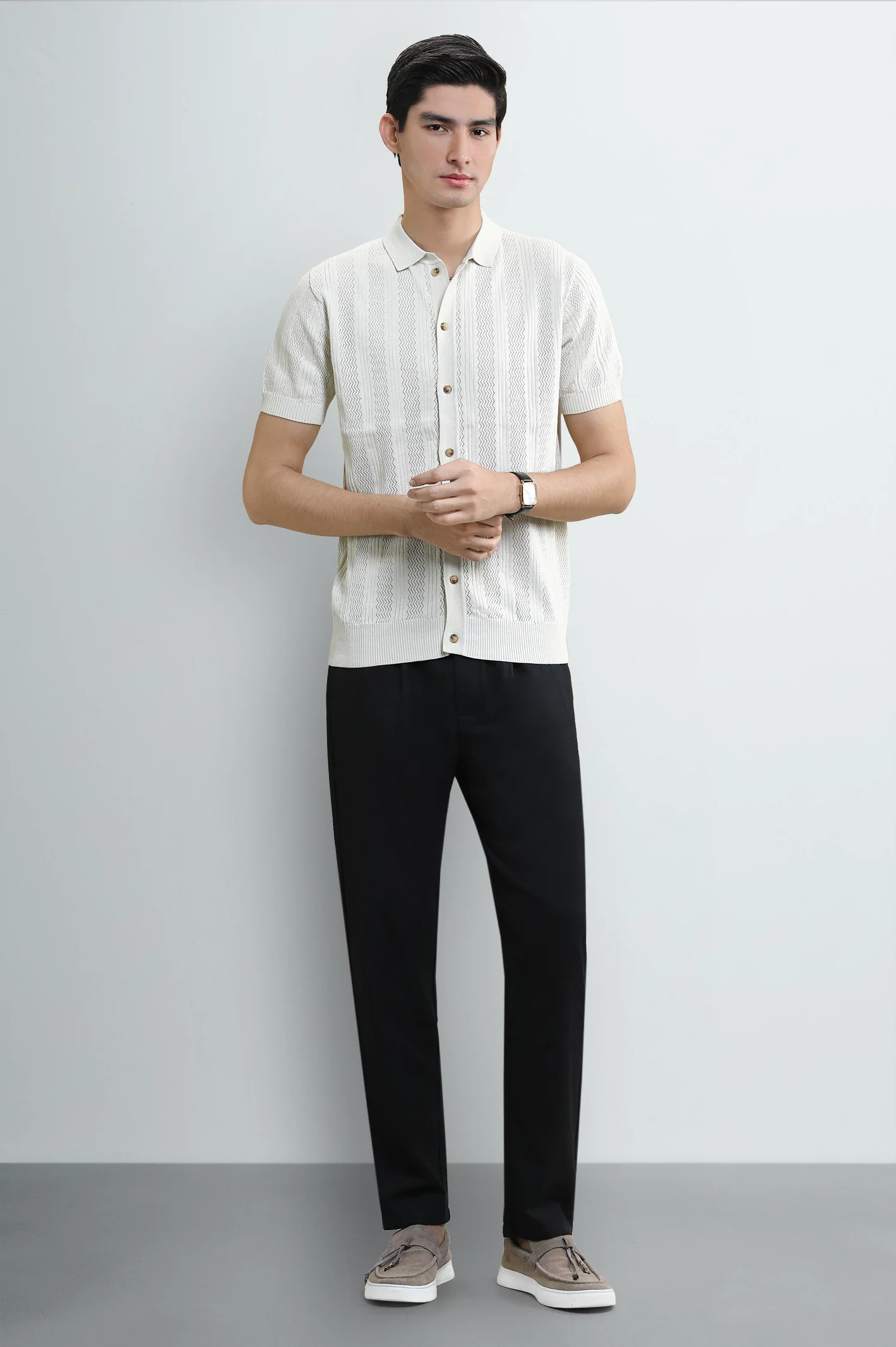 Men's Cream Flat Knit Short Sleeve Shirt - Image 2