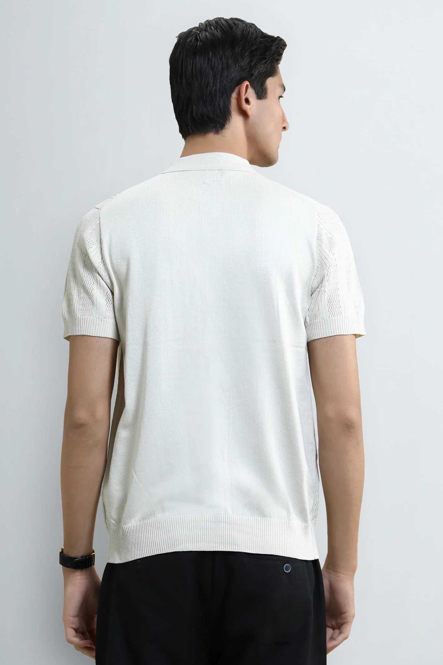 Men's Cream Flat Knit Short Sleeve Shirt - Image 3