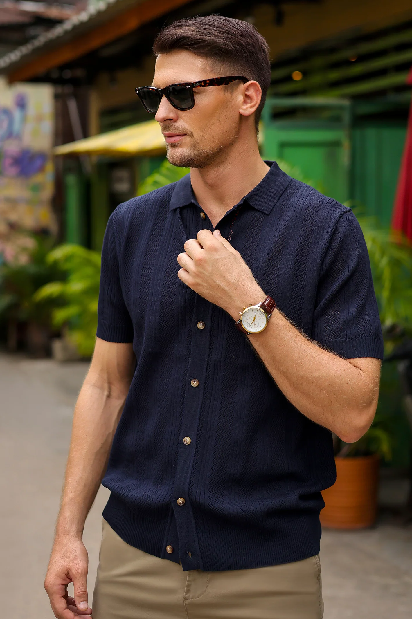 Men's Navy Flat Knit Short Sleeve Shirt - Image 3