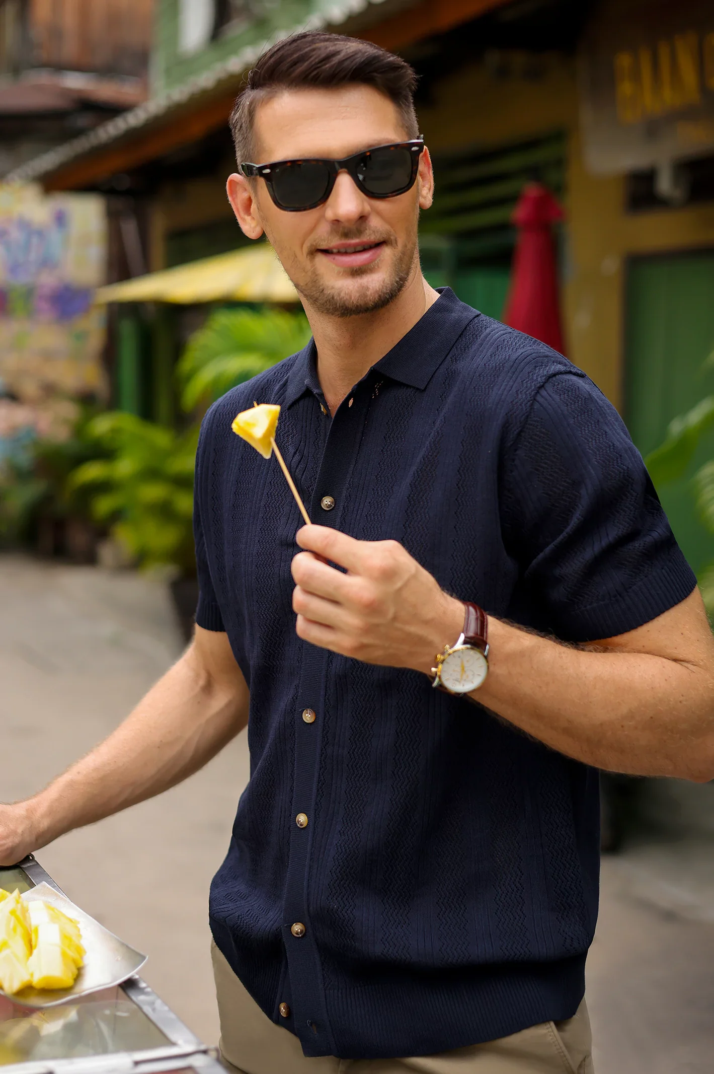 Men's Navy Flat Knit Short Sleeve Shirt - Image 4